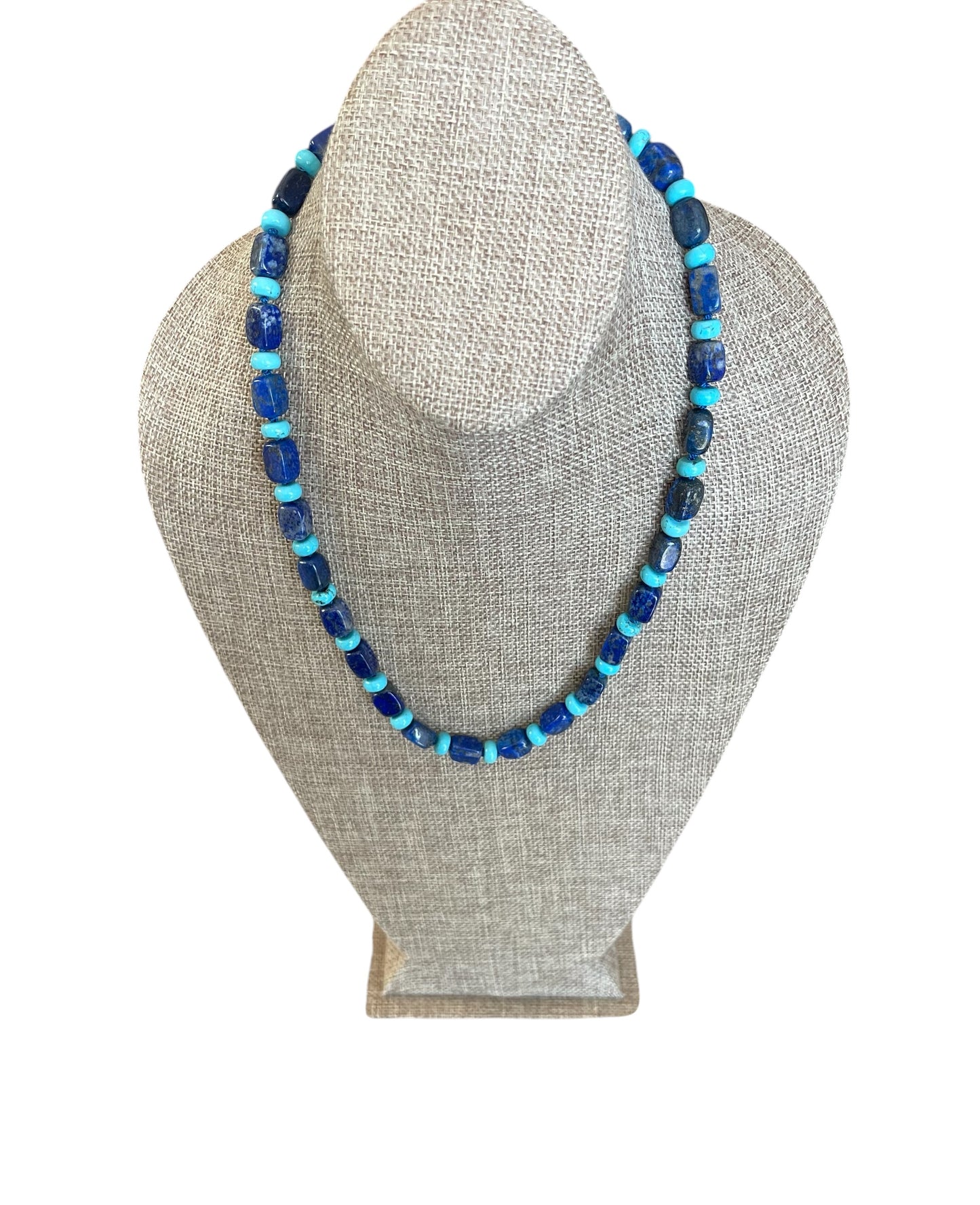 The Catherine Necklace: Gorgeous Lapis Lazuli barrel shaped beads hand knotted on silk w Turquoise accent beads Silver clasp