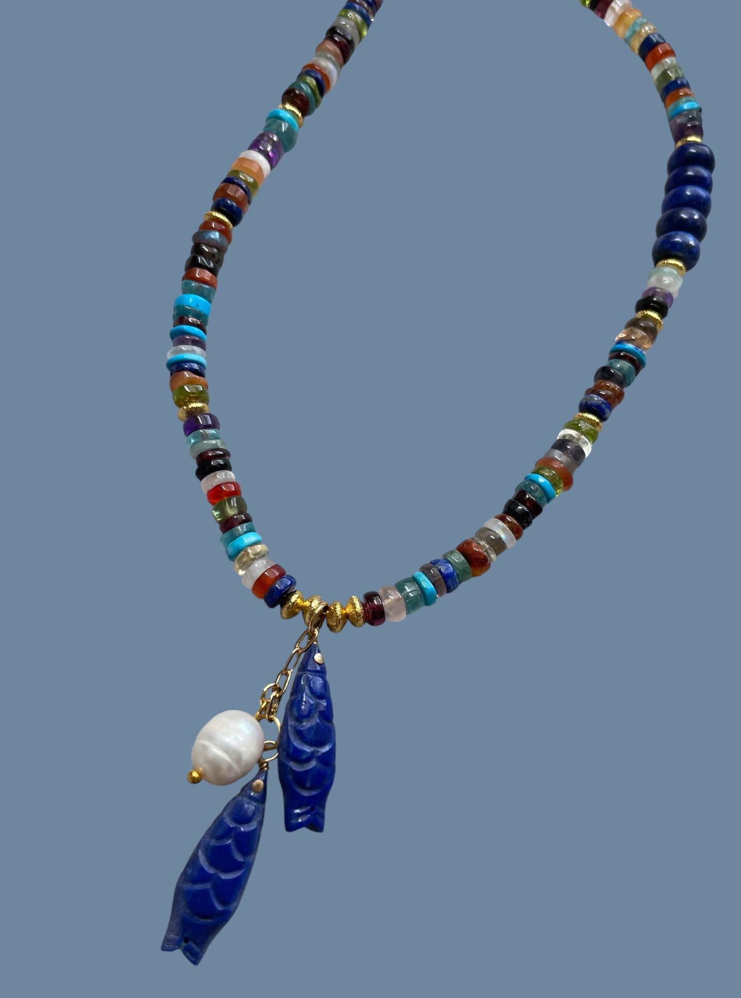 Catch O’ the Day Necklace: Mixed Multi Gemstones w Lapis & gold accents Lapis fish & Pearl Charms OOAK