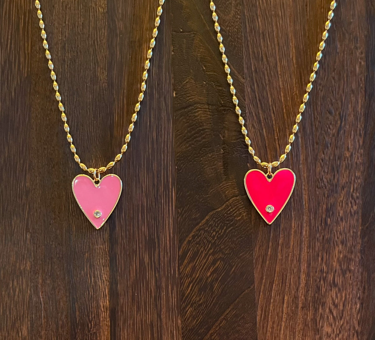 Pretty In Pink Necklaces: Gold chains with perfect pink heart pendants 2 color options