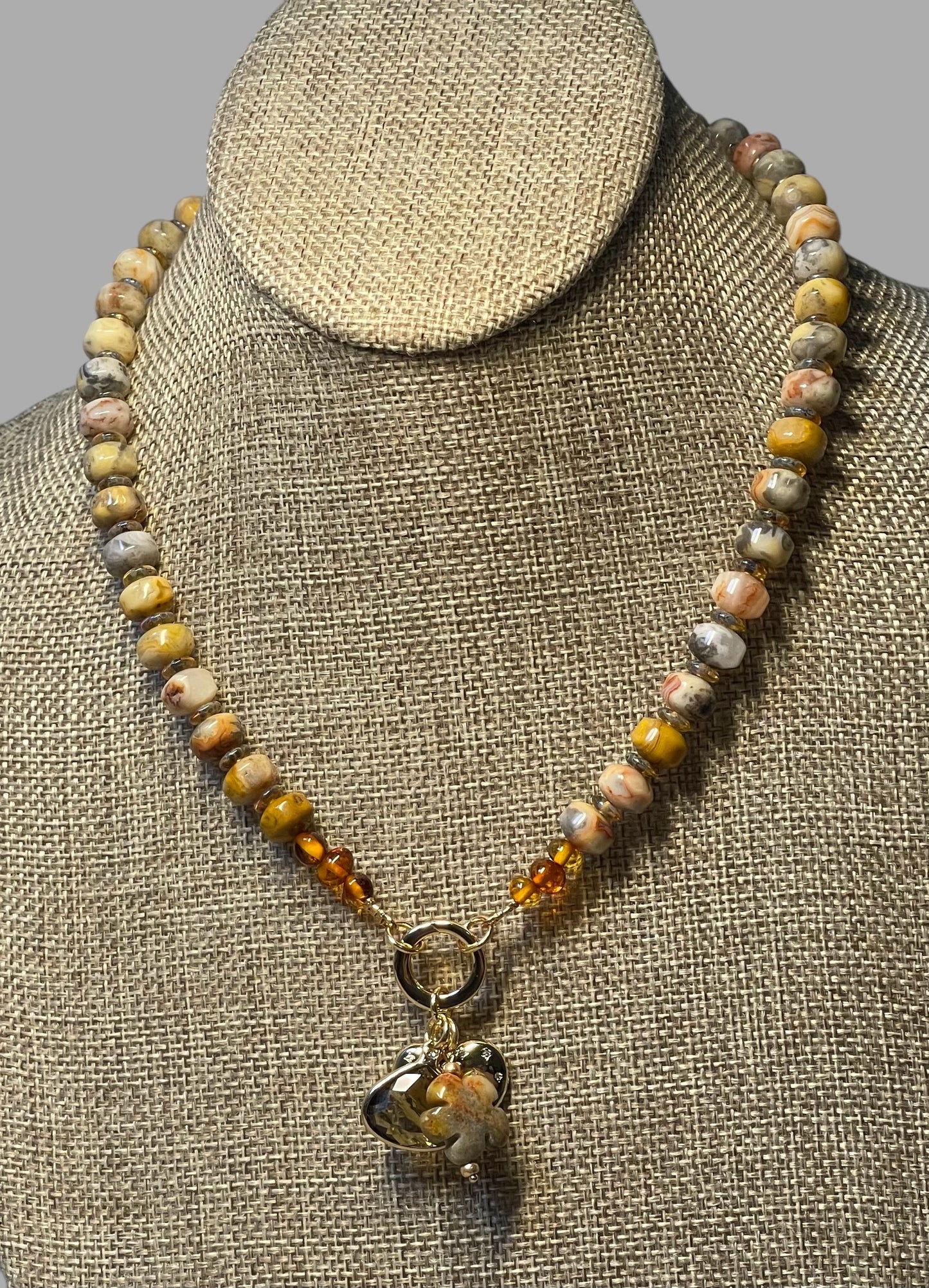 Autumn’s Embrace Necklace: Crazy Lace Agate natural stones in warm tones, Accented w Czech glass, Baltic stones and Gold charms