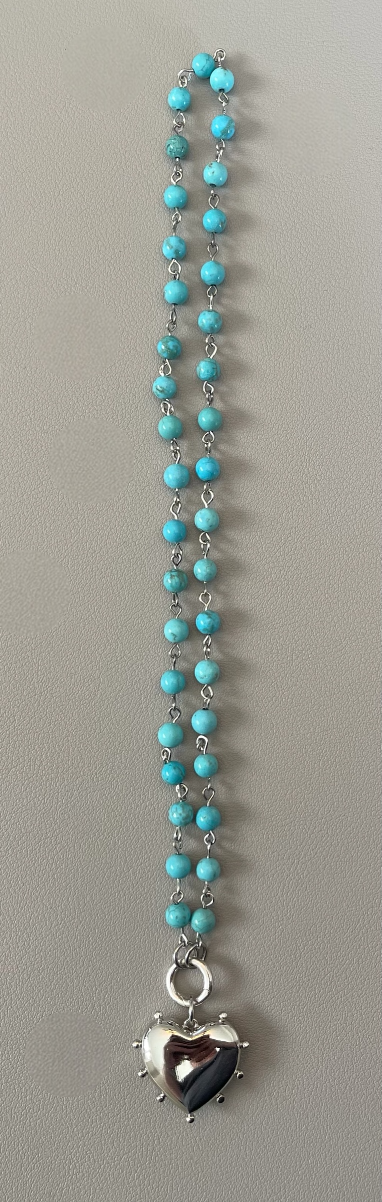 Rhodium Sky necklace: Turquoise Howlite bead rosary style chain Silver circle clasp/charm holder Rhodium silver plated heart pendant