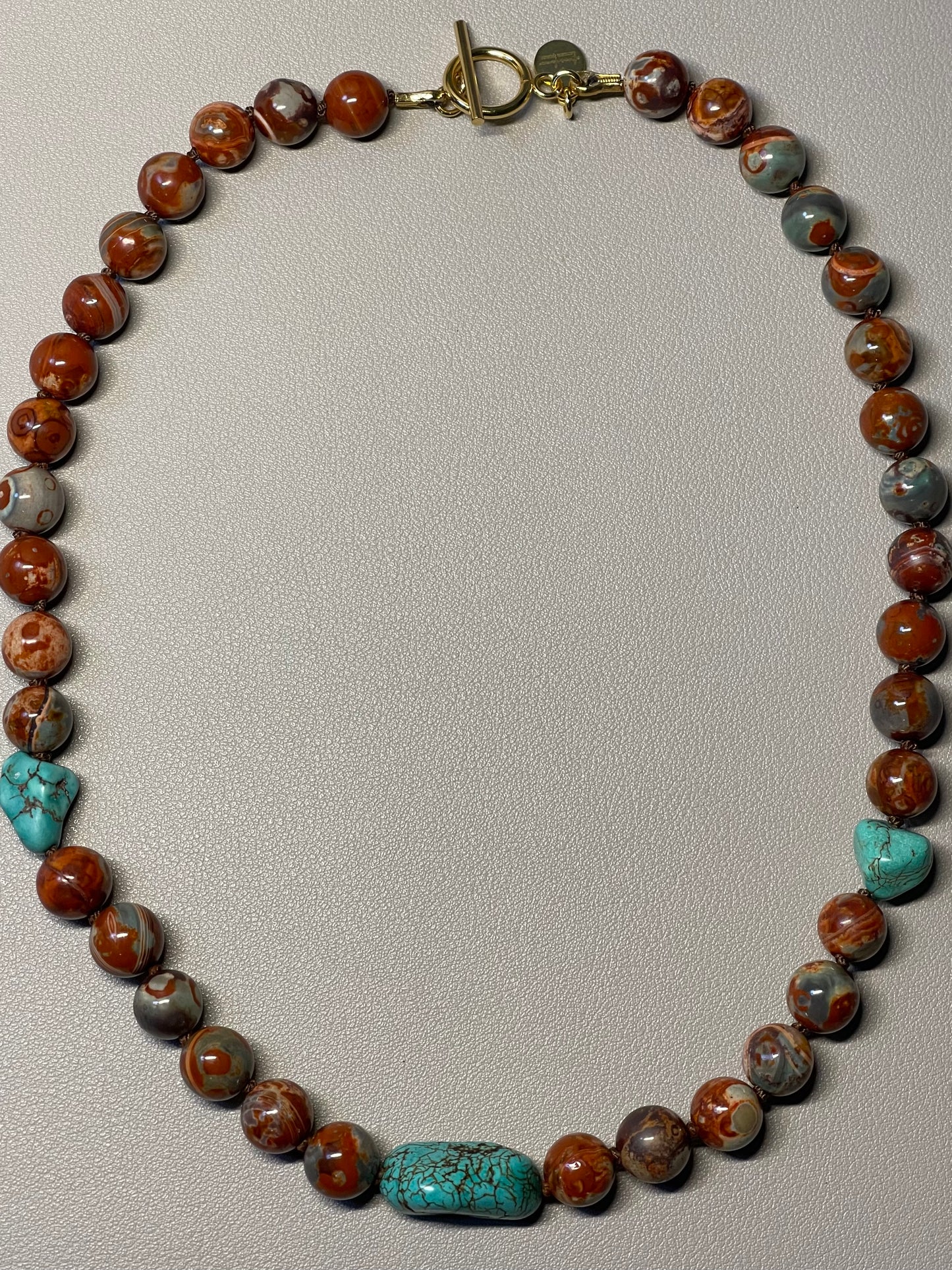 Red Copper & Turquoise Necklace: Hand knotted on brown silk, Natural Agate beads and rustic Turquoise, Gold Toggle clasp OOAK