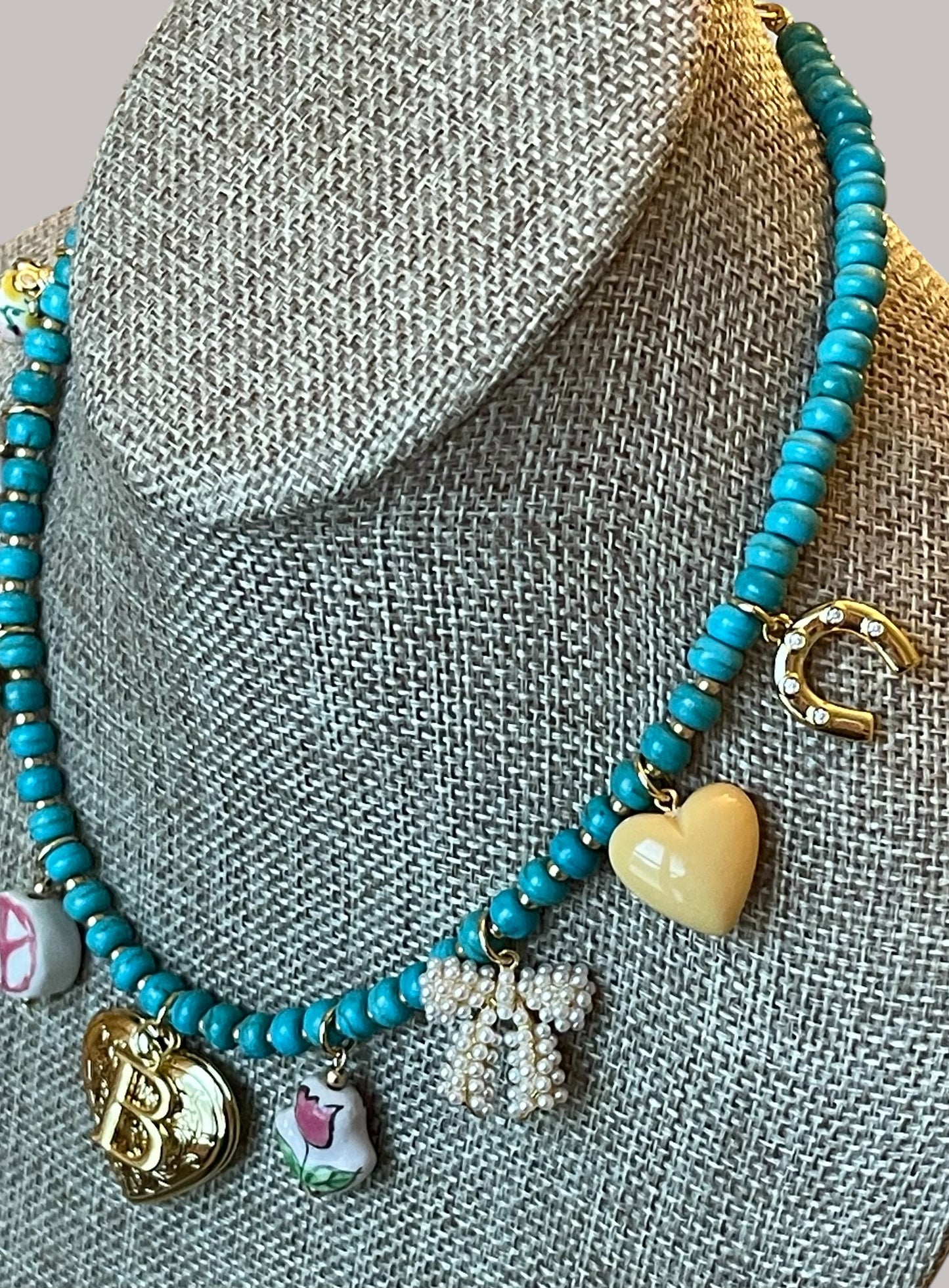 The Casey Necklace: OOAK Turquoise Howlite beads with glass gold accent beads and gold plated charms