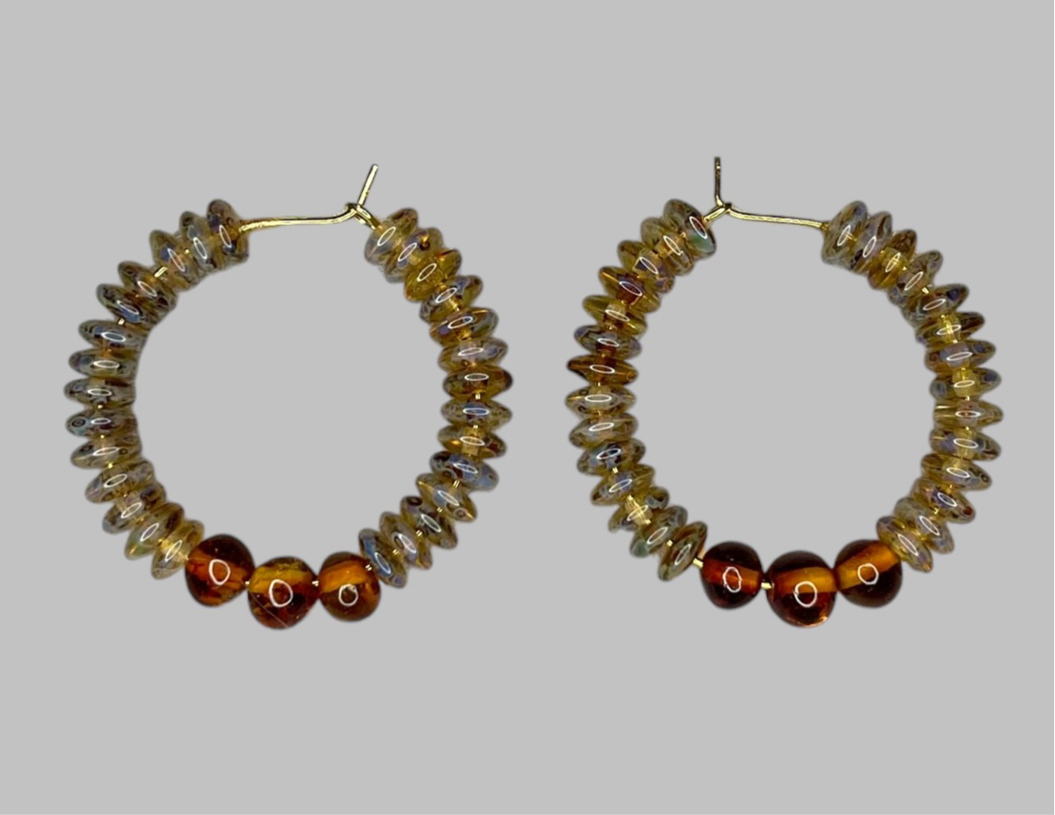 Baltic Amber Stone Earrings: Gold or Silver Hoop earrings with Czech Glass beads and Natural Baltic Stone
