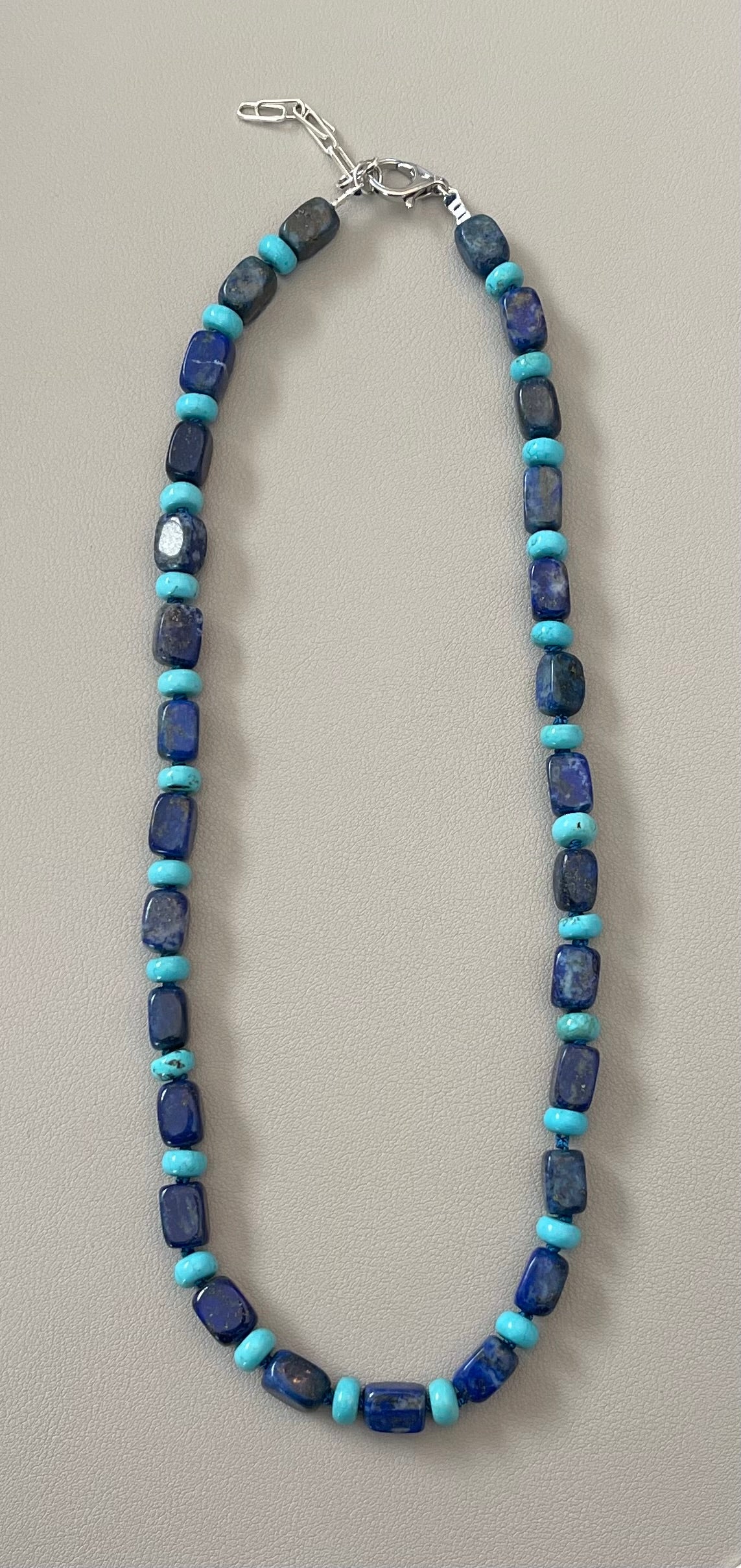 The Catherine Necklace: Gorgeous Lapis Lazuli barrel shaped beads hand knotted on silk w Turquoise accent beads Silver clasp
