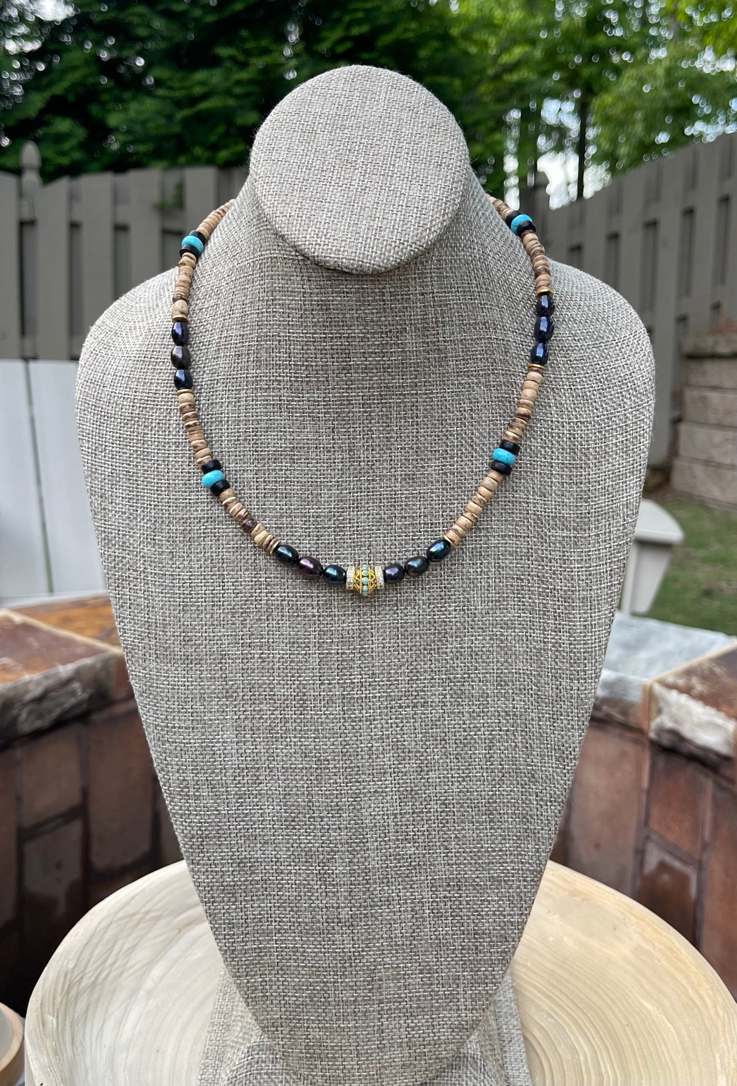 Coconut Midnight Pearl Necklace: Coconut Shell, Freshwater midnight Pearls, Turquoise & gold accents OOAK