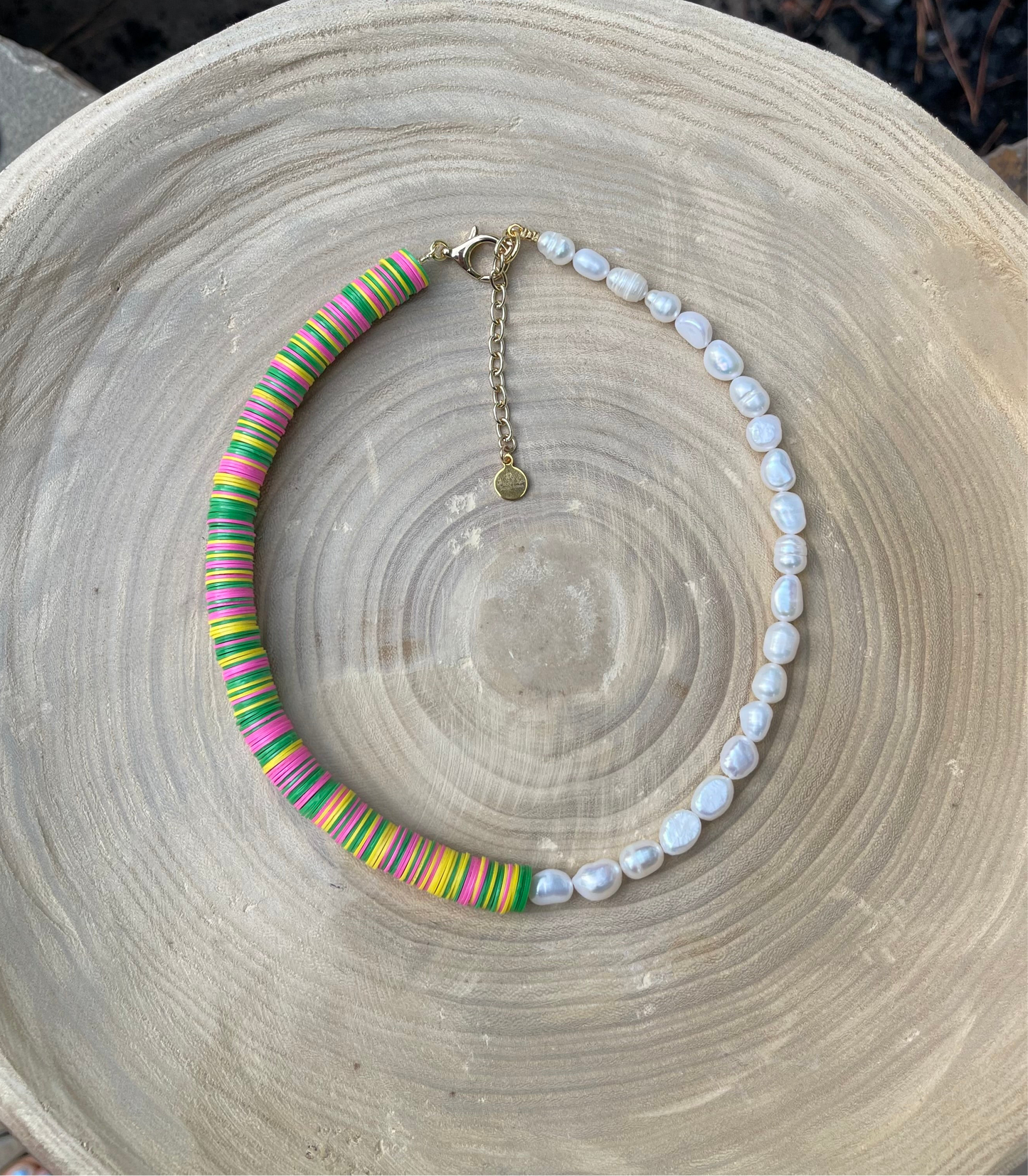 Double Take Necklace: Freshwater Pearls Meet Fun Bright Phono Vinyl Beads Gold Clasp & Extender