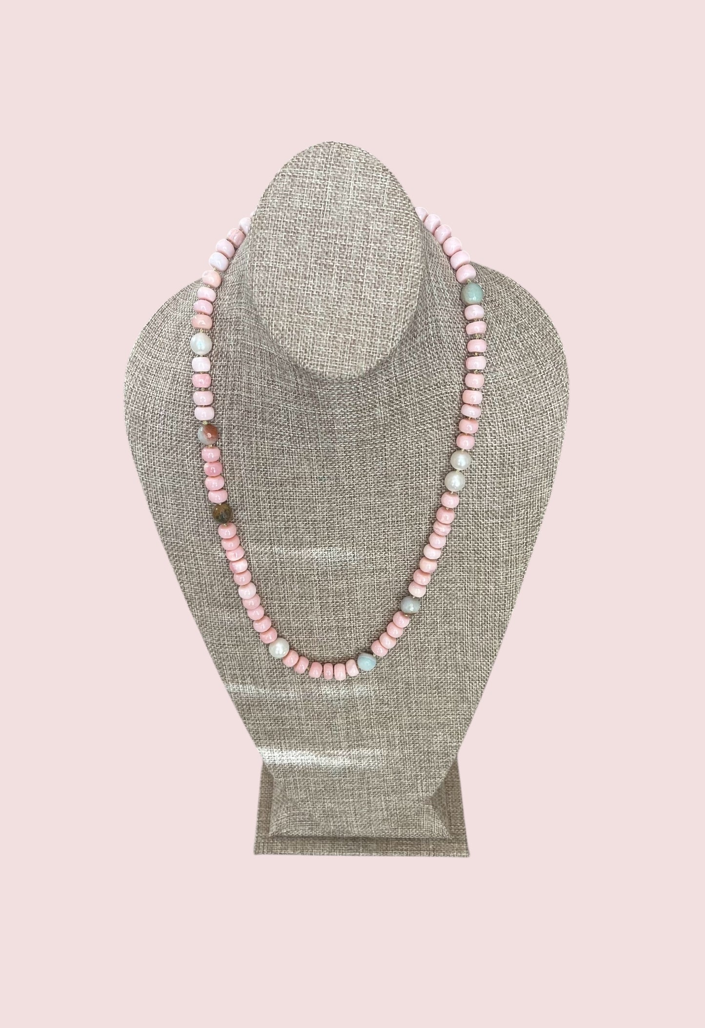 The Audrey Necklace: Natural pink opals hand knotted on pale green silk w Pearls and Amazonite