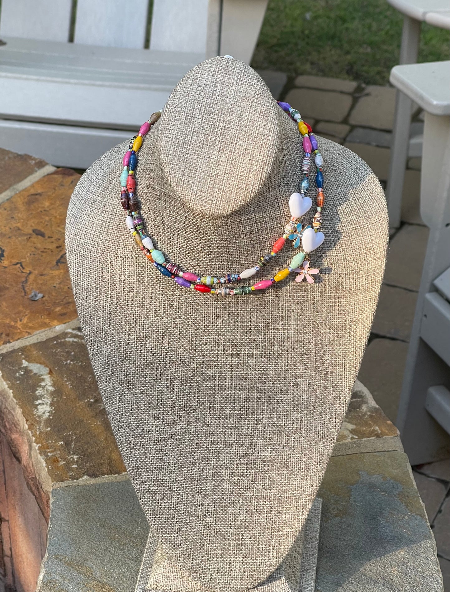 Kindred Colors Necklace: Unique beads handmade in Uganda from recycled paper, glass & acrylic accent beads and a brass flower charm