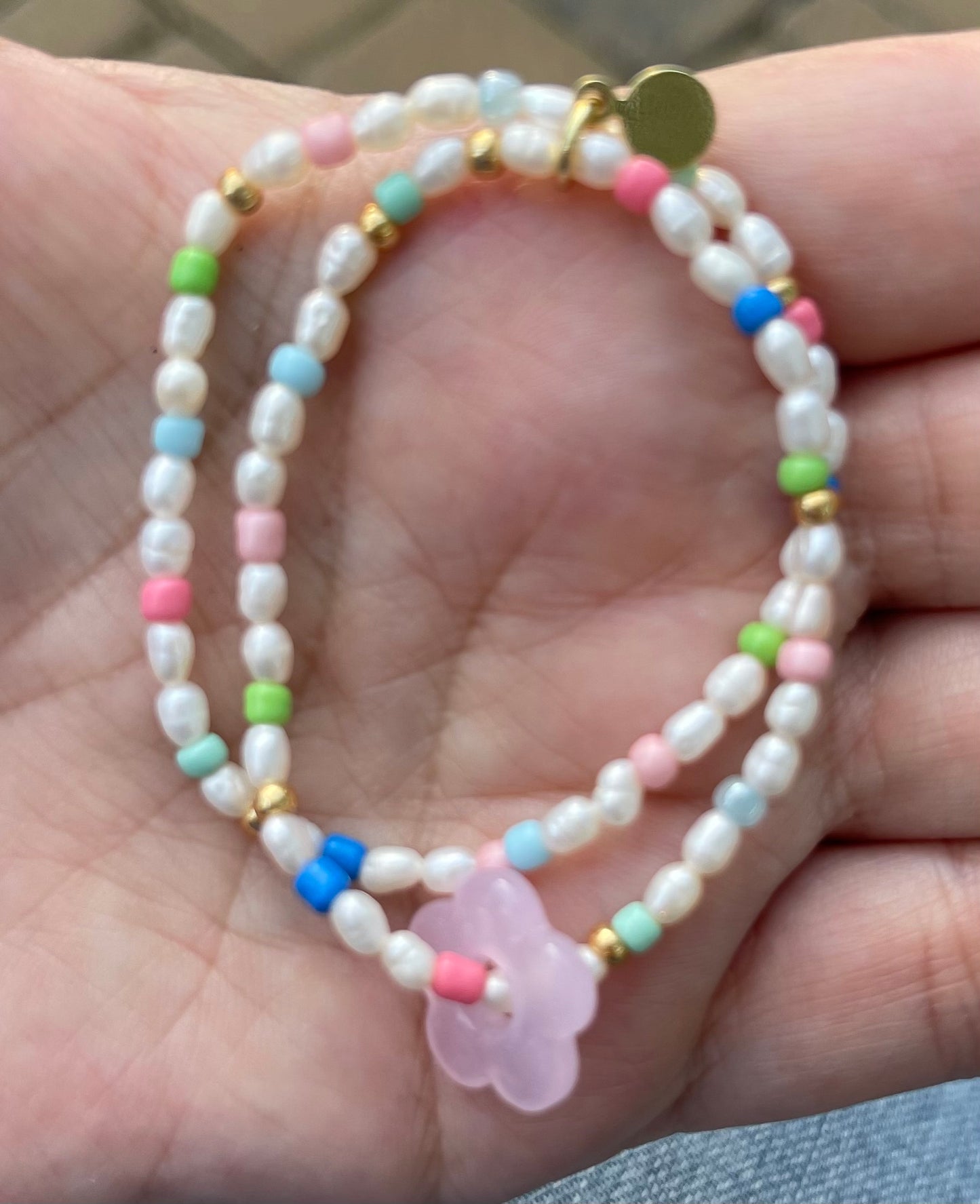 Candy Petals Bracelet Duo: Freshwater Pearls with candy colored accents 2 Stretch Bracelets Choose pink green or blue flower