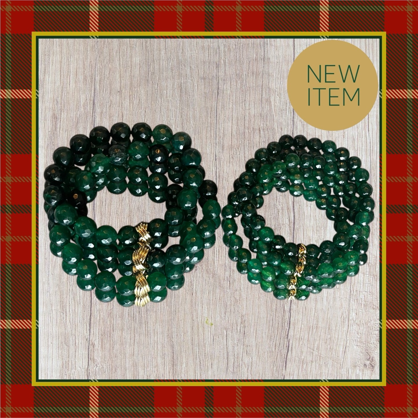 Evergreen Dream Bracelets: 2 Styles Deep green Dyed Quartz faceted beads w/ gold accent bead 8mm Size or 10mm Size
