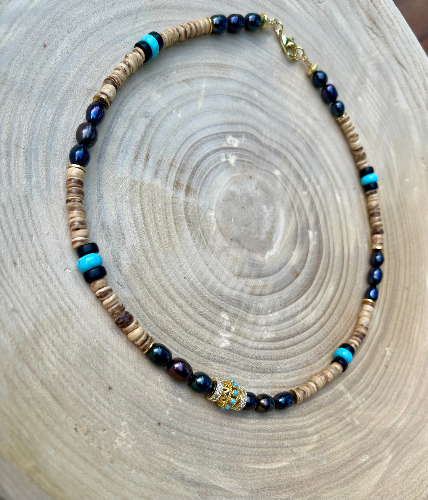 Coconut Midnight Pearl Necklace: Coconut Shell, Freshwater midnight Pearls, Turquoise & gold accents OOAK
