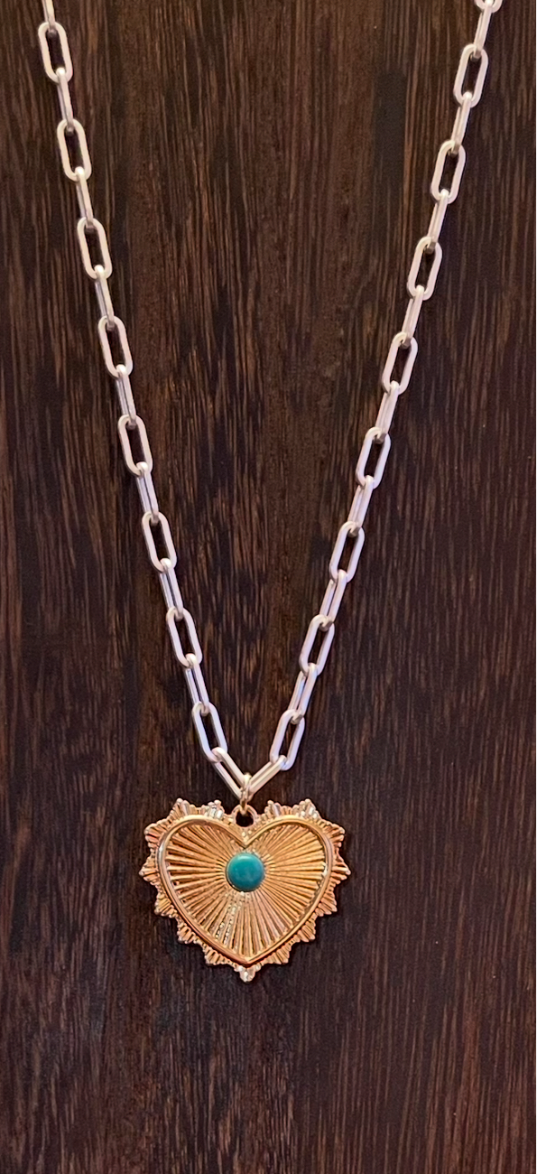 The Sonora Necklace: OOAK Bright silver Paperclip chain with a gold heart pendant sporting a genuine turquoise stone accent