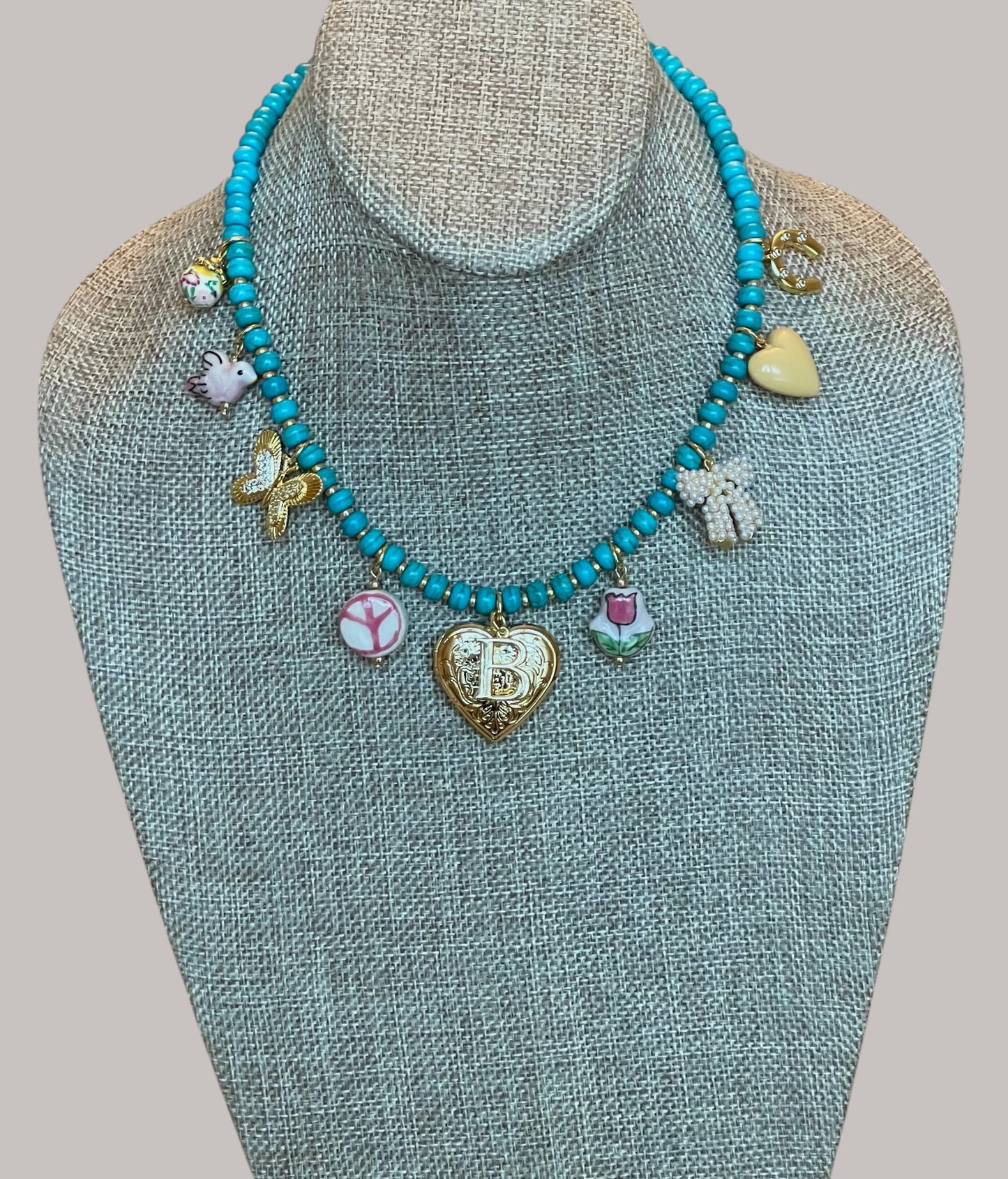 The Casey Necklace: OOAK Turquoise Howlite beads with glass gold accent beads and gold plated charms