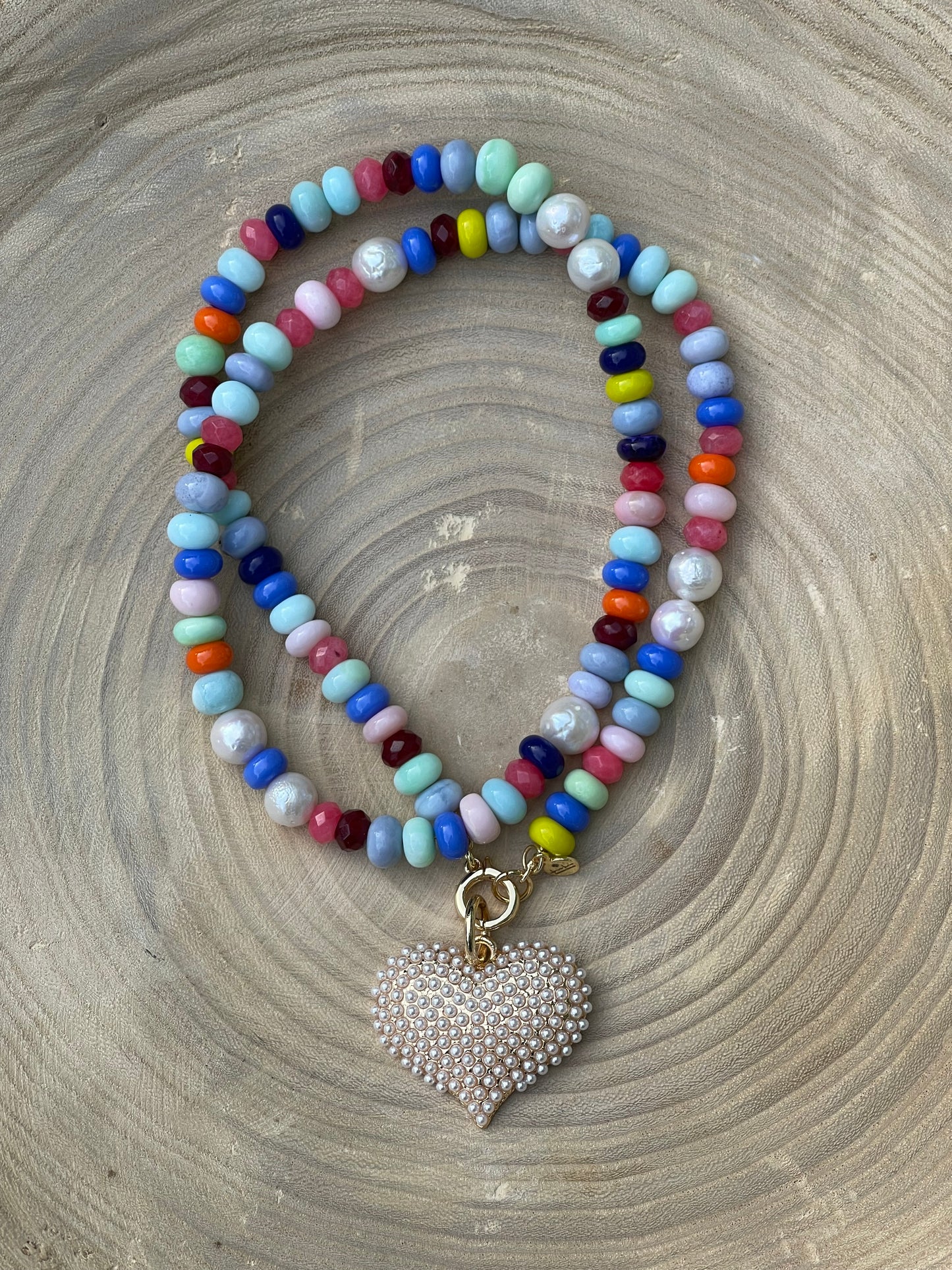 Multi Gemstone Pearl Pavé Heart Necklace: Multi gemstones, high quality round freshwaters pearls OOAK
