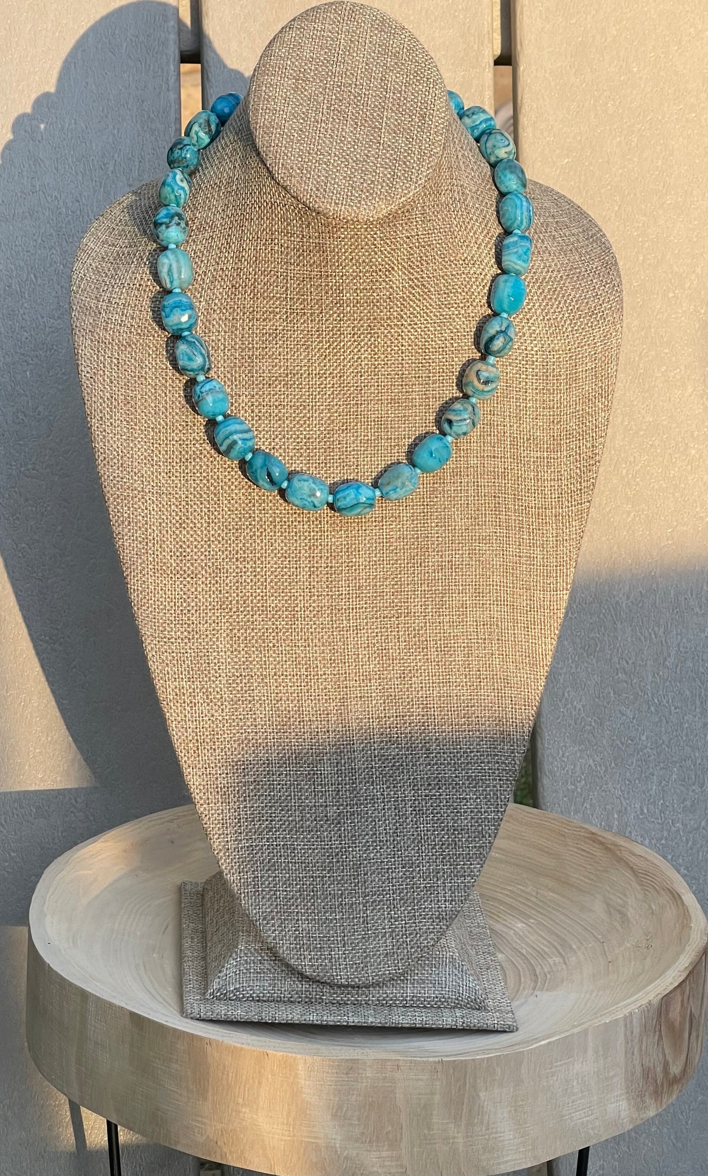 Cerulean Lace Necklace: Faceted Crazy Lace Agate with a deep gold luxe toggle clasp