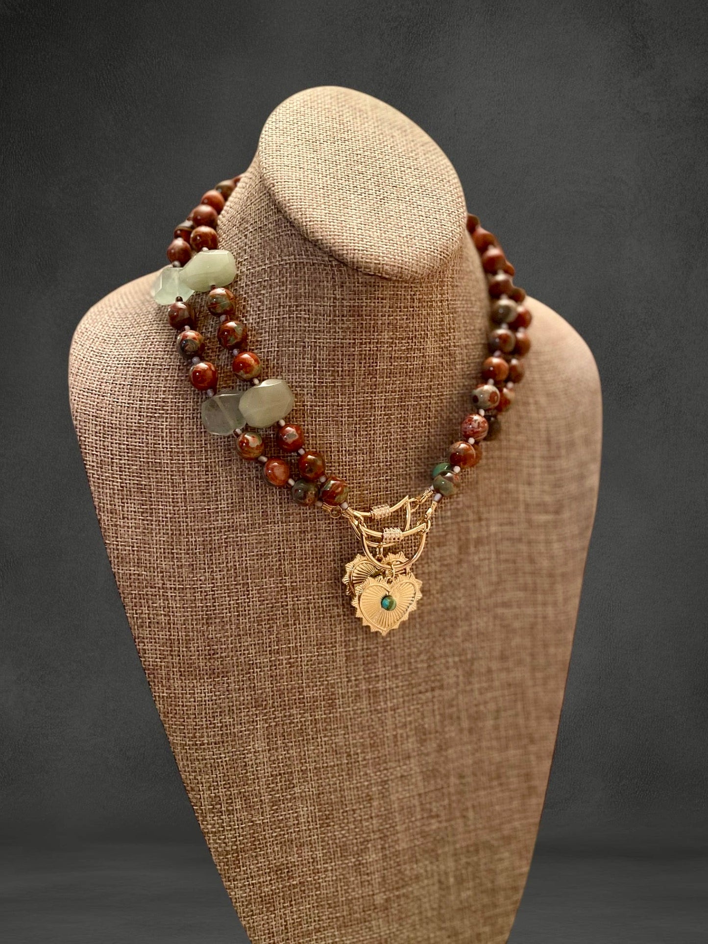 Heirloom Heart Necklace: Red Copper & Sage Agate beads with Green accent stones and a heart pendant
