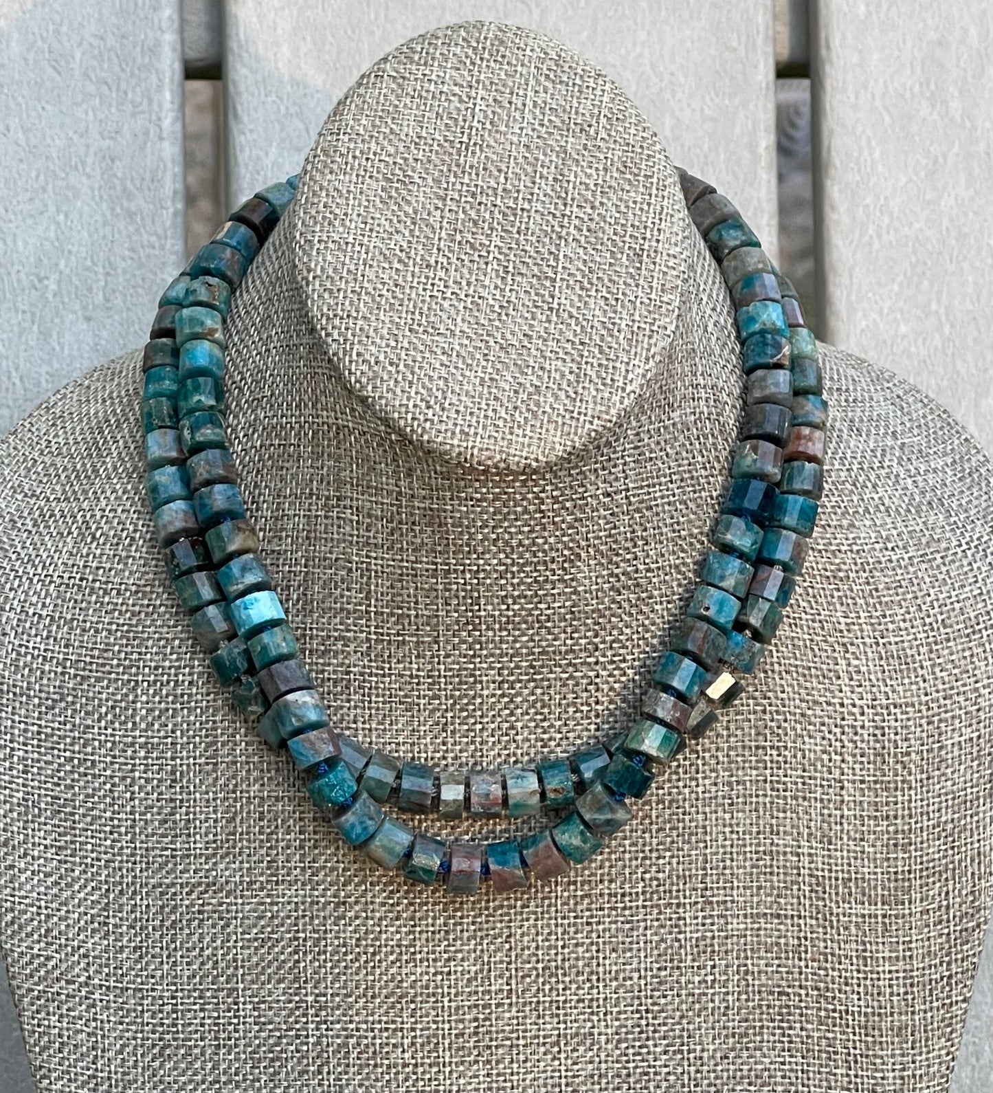 Awaken Necklace: Faceted Apatite wheel shaped beads Handknotted on silk Gold or Silver option