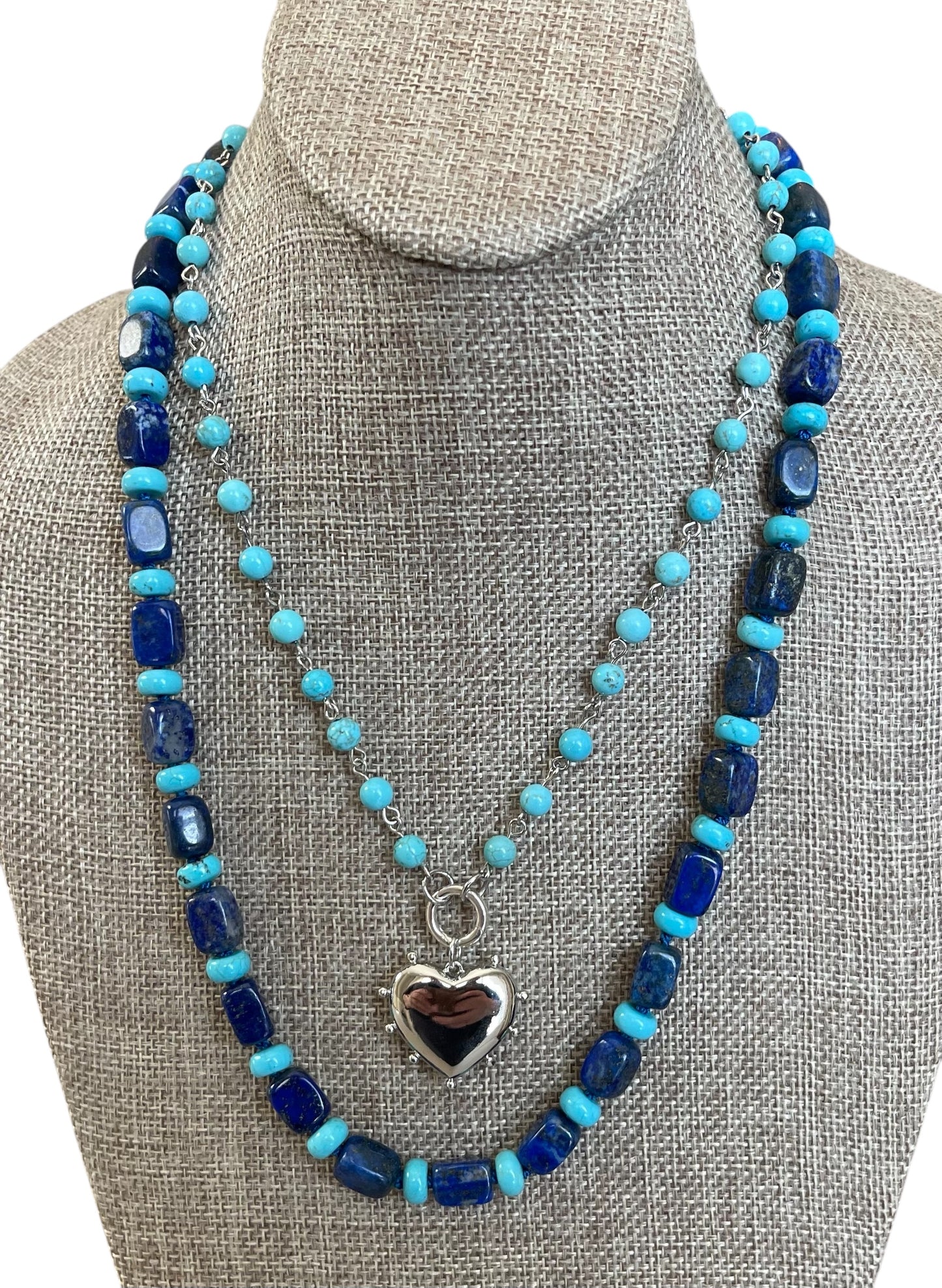 The Catherine Necklace: Gorgeous Lapis Lazuli barrel shaped beads hand knotted on silk w Turquoise accent beads Silver clasp