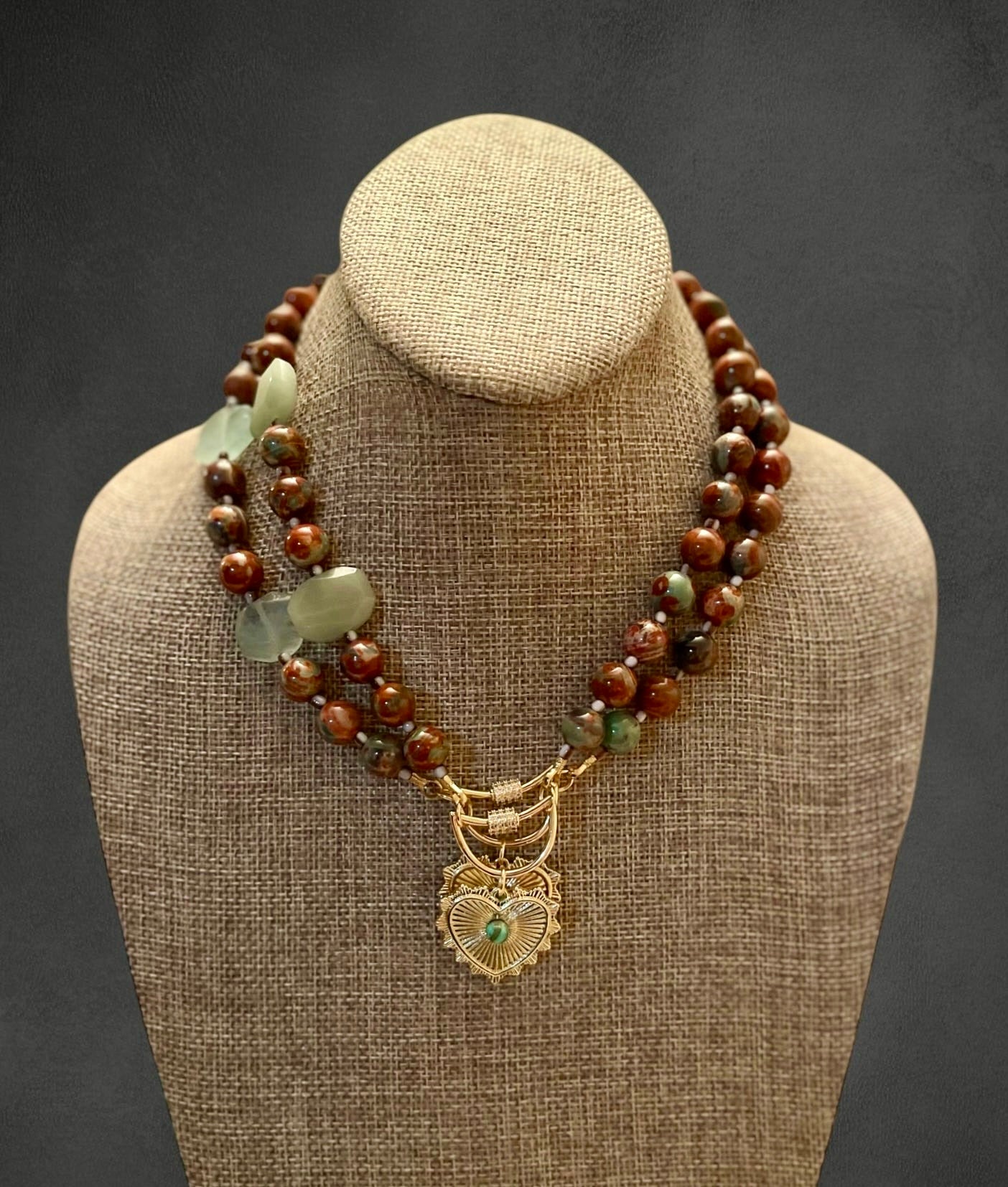Heirloom Heart Necklace: Red Copper & Sage Agate beads with Green accent stones and a heart pendant
