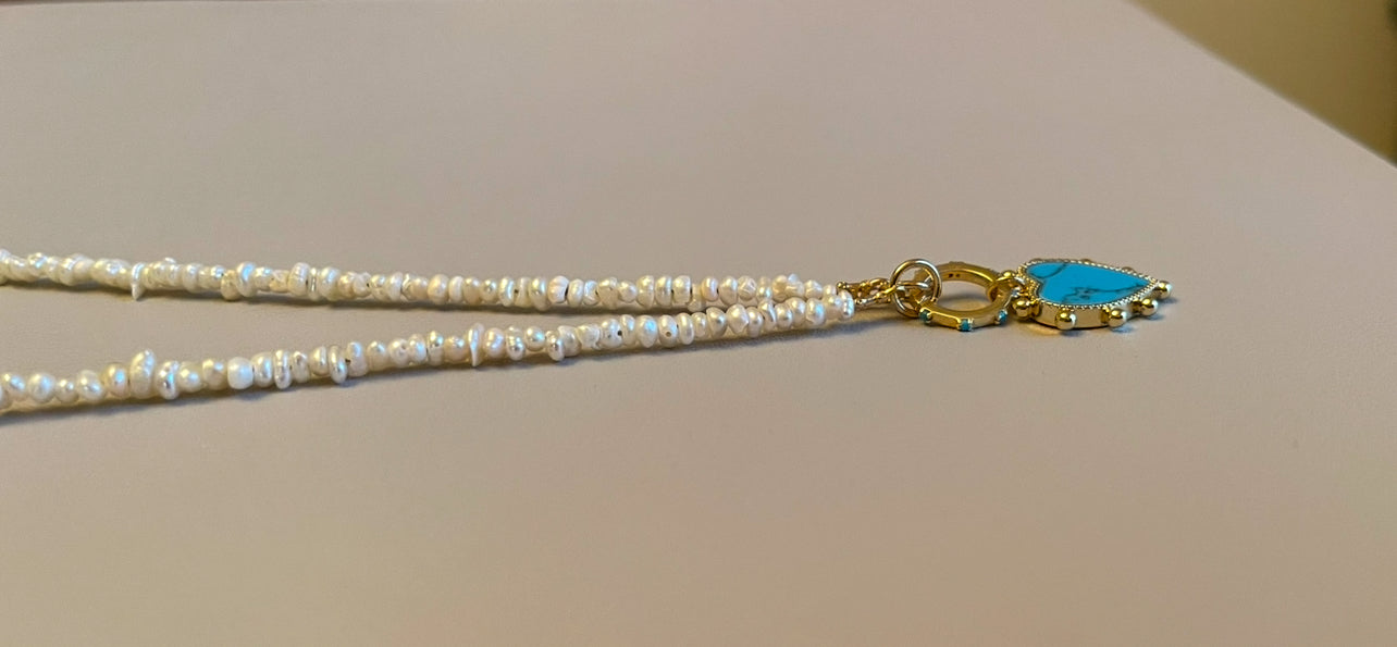 The Azure Heart Necklace: Petite rustic freshwater pearls, gold and turquoise clasp/charm holder Adorable faux turquoise heart charm OOAK