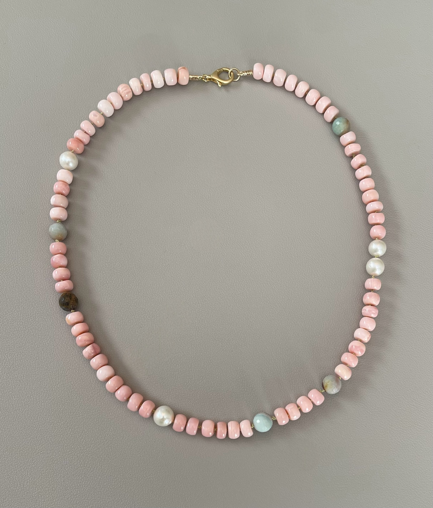 The Audrey Necklace: Natural pink opals hand knotted on pale green silk w Pearls and Amazonite