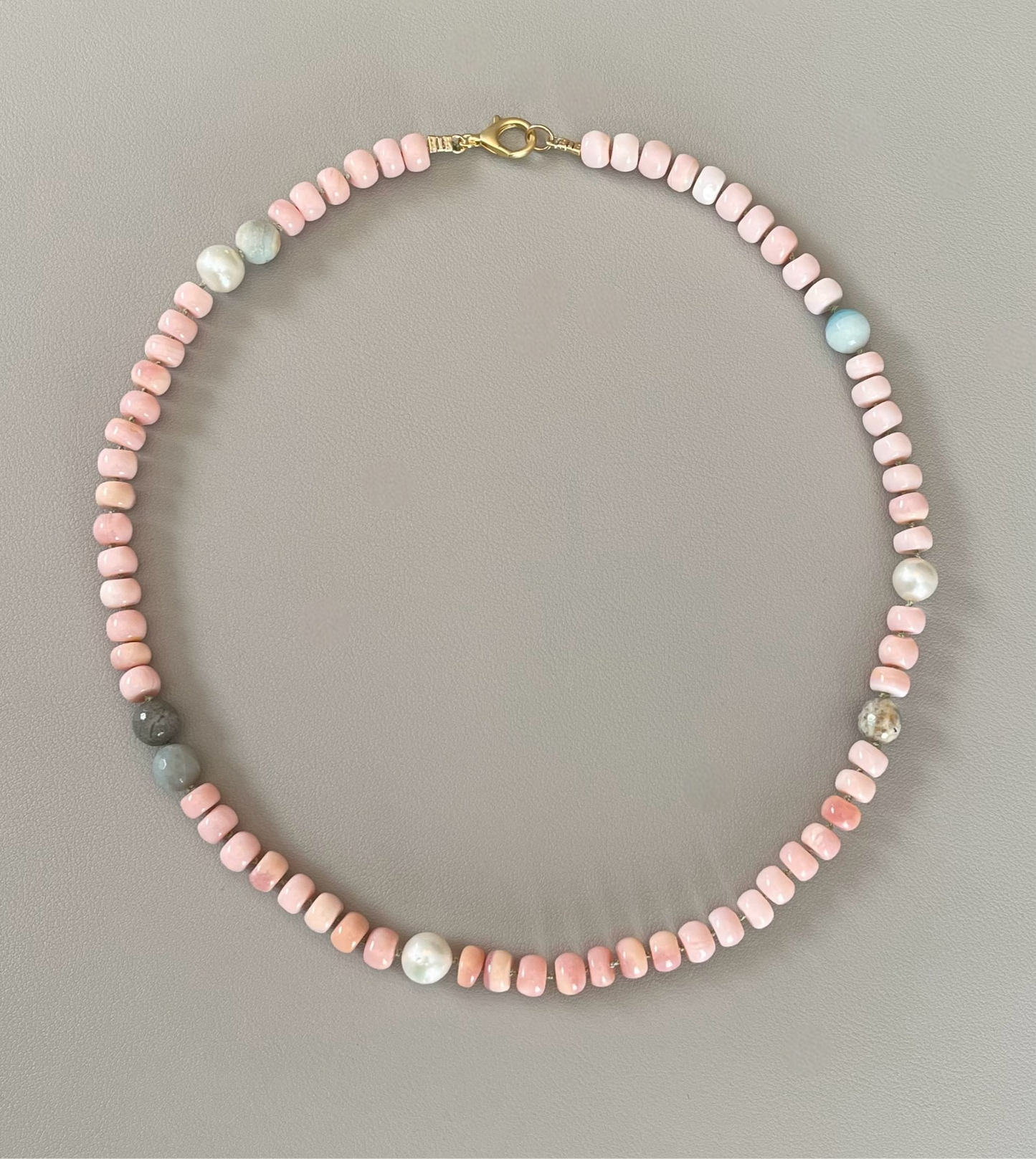 The Audrey Necklace: Natural pink opals hand knotted on pale green silk w Pearls and Amazonite