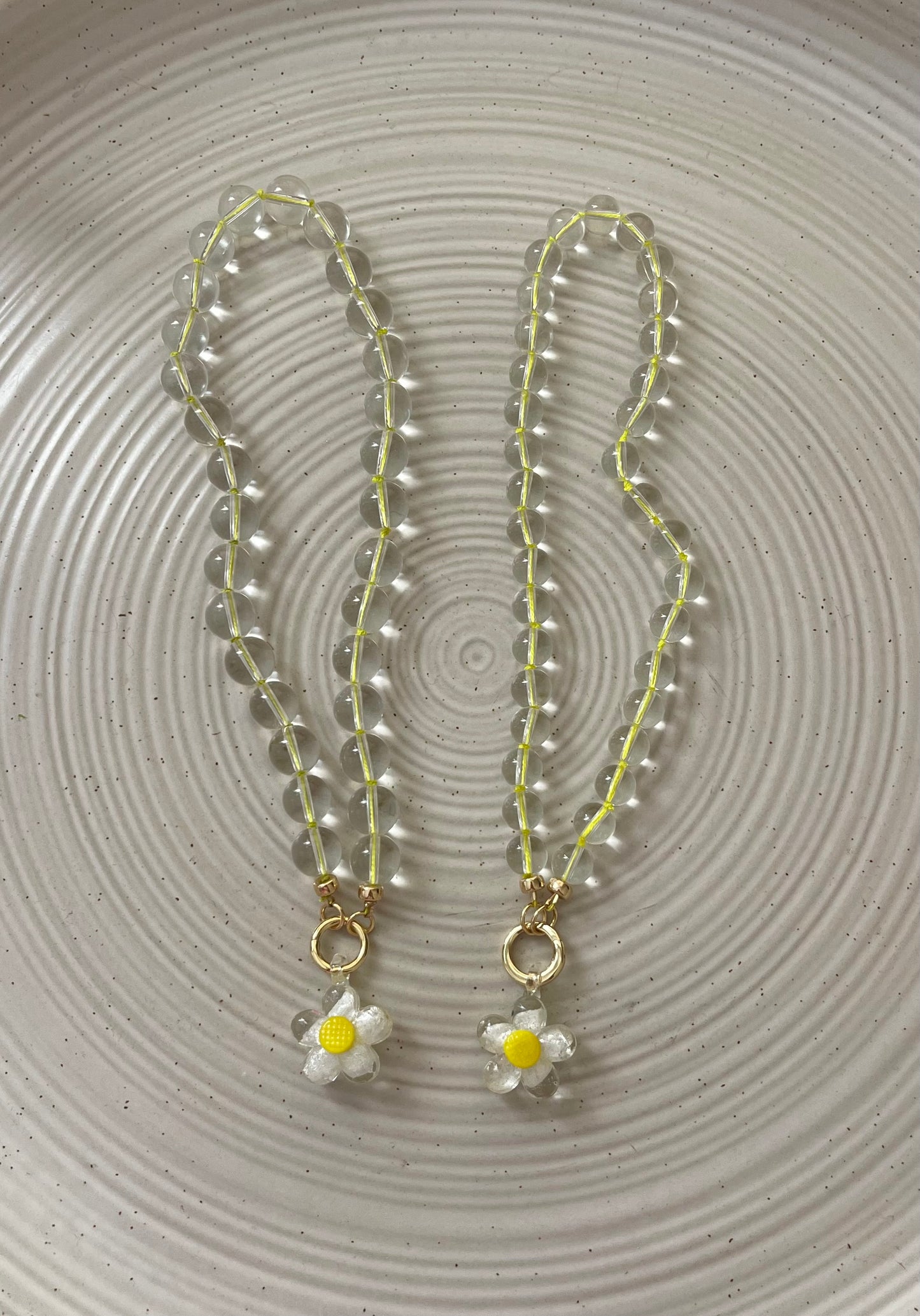 Bright Bubble Necklace: Clear Glass Bubble Beads Handknotted on Neon Yellow Silk Thread Gold Circle Clasp Handmade Glass Daisy Pendants 2 Bead Options: 8mm or 10mm
