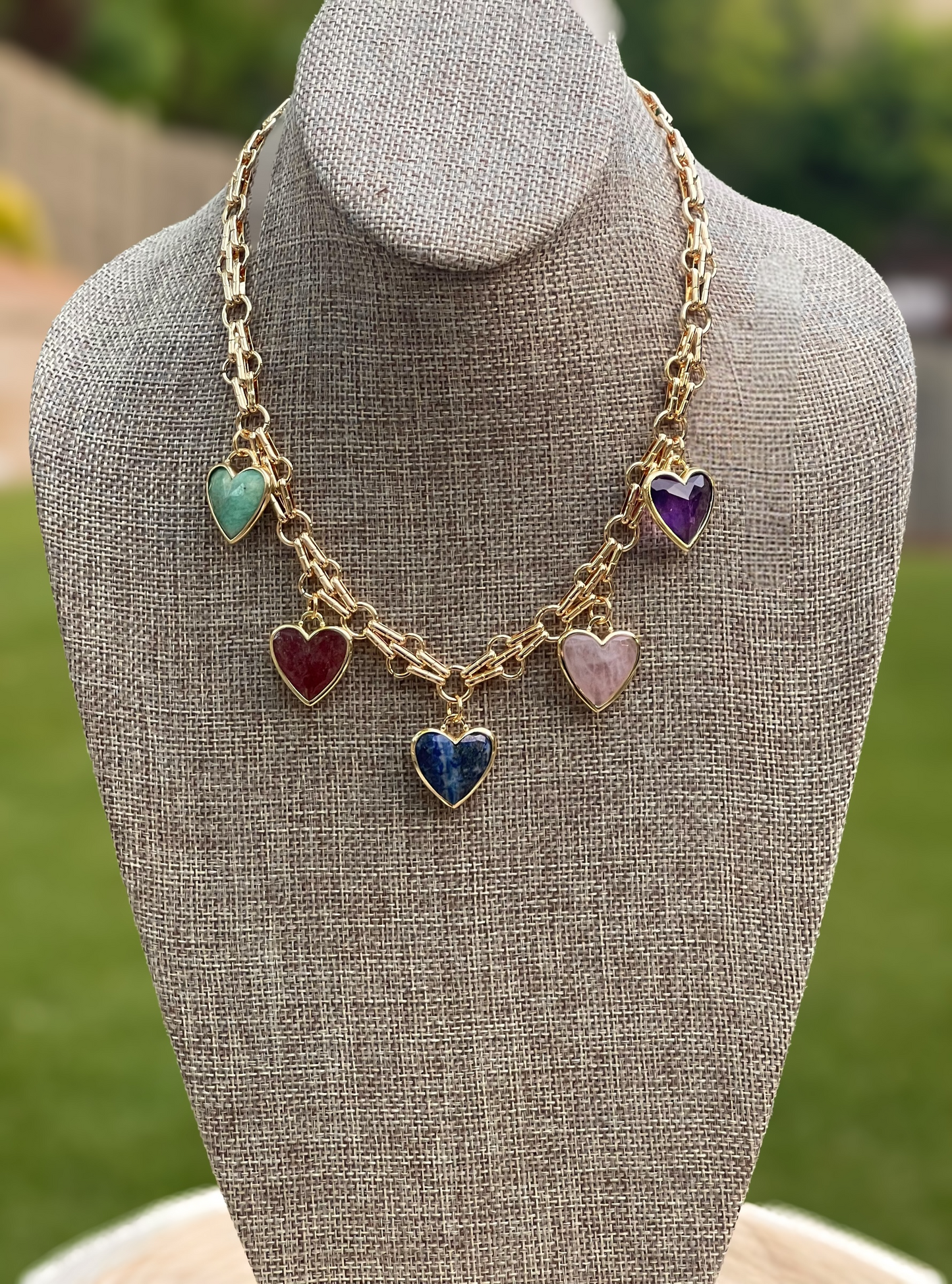 Queen of Hearts Necklace: Faceted Gemstone Hearts on a unique Anti-tarnish Chain
