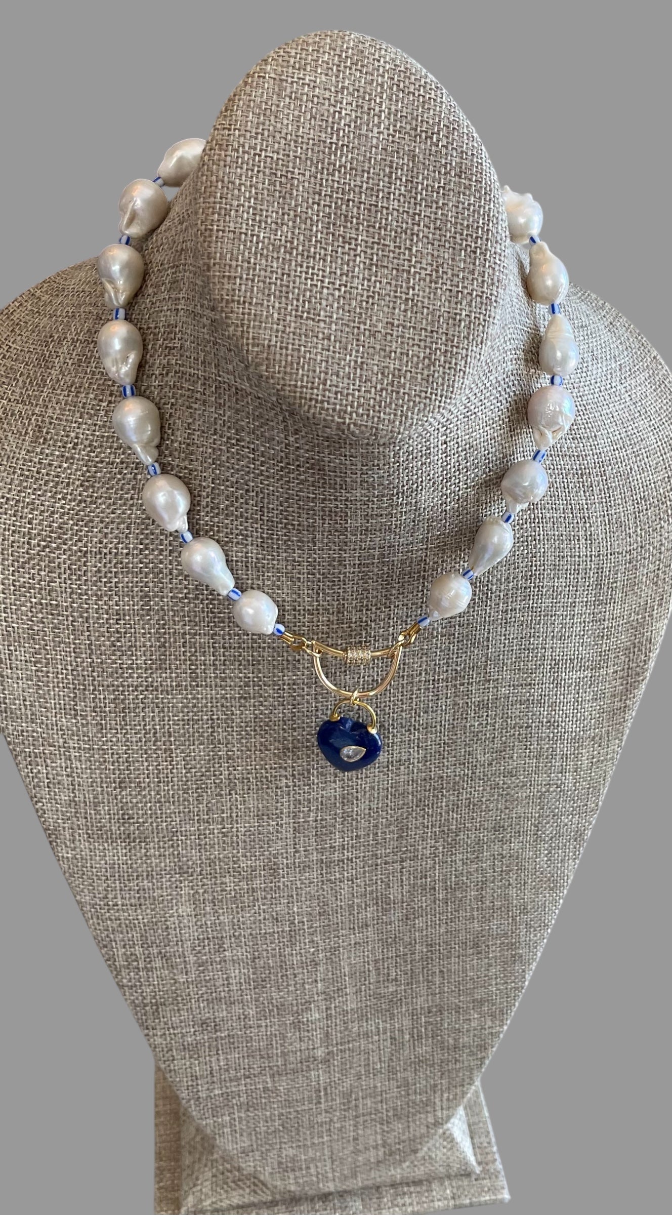 The Gabrielle Necklace: High Quality Baroque Pearls, Blue accent beads and a Lapis Lazuli Heart Pendant OOAK