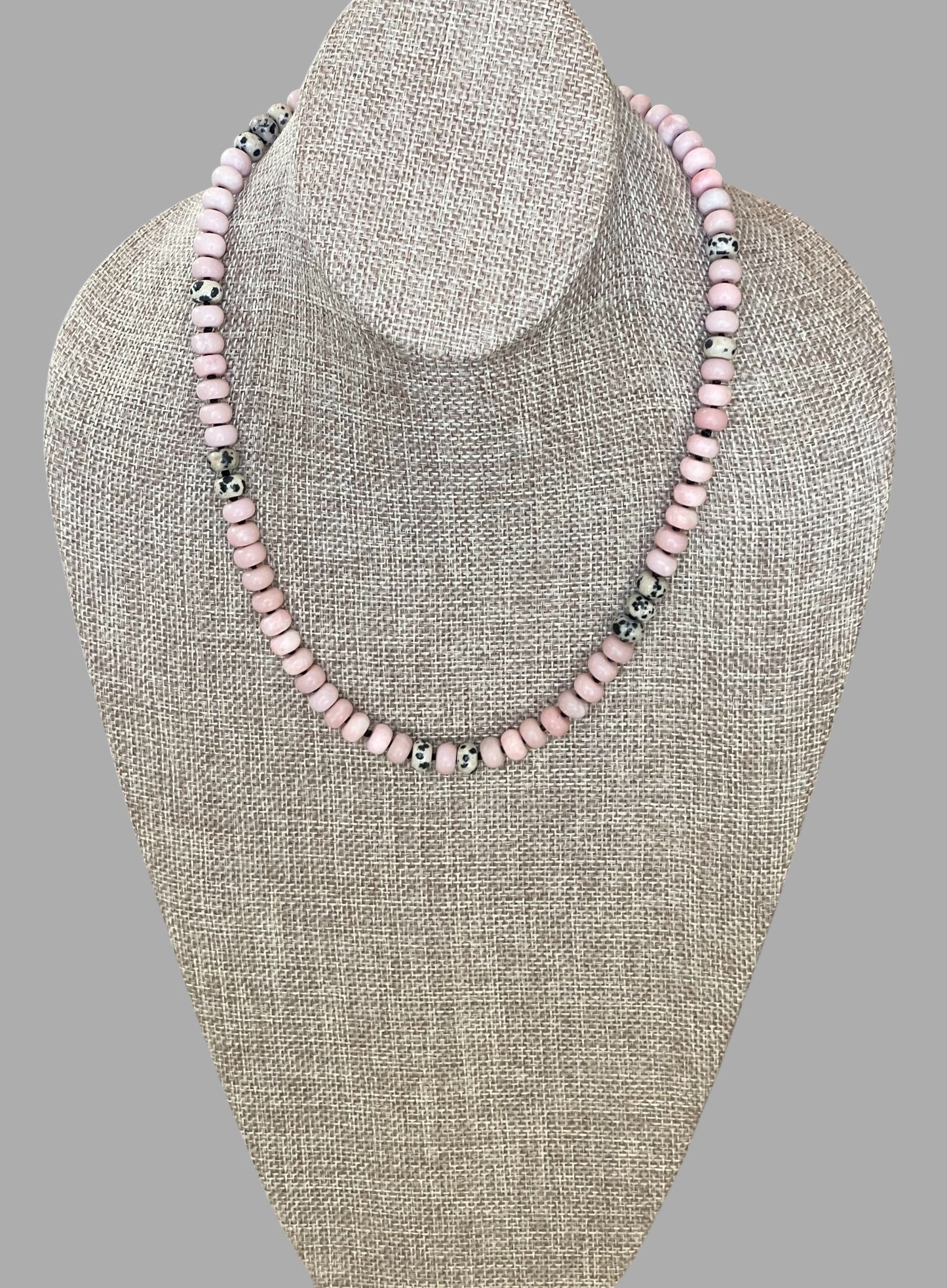 The Pink Leopard Necklace: Natural matte pink opals hand knotted on black silk w Dalmatian Jasper accents Gold pavé leopard heart OOAK