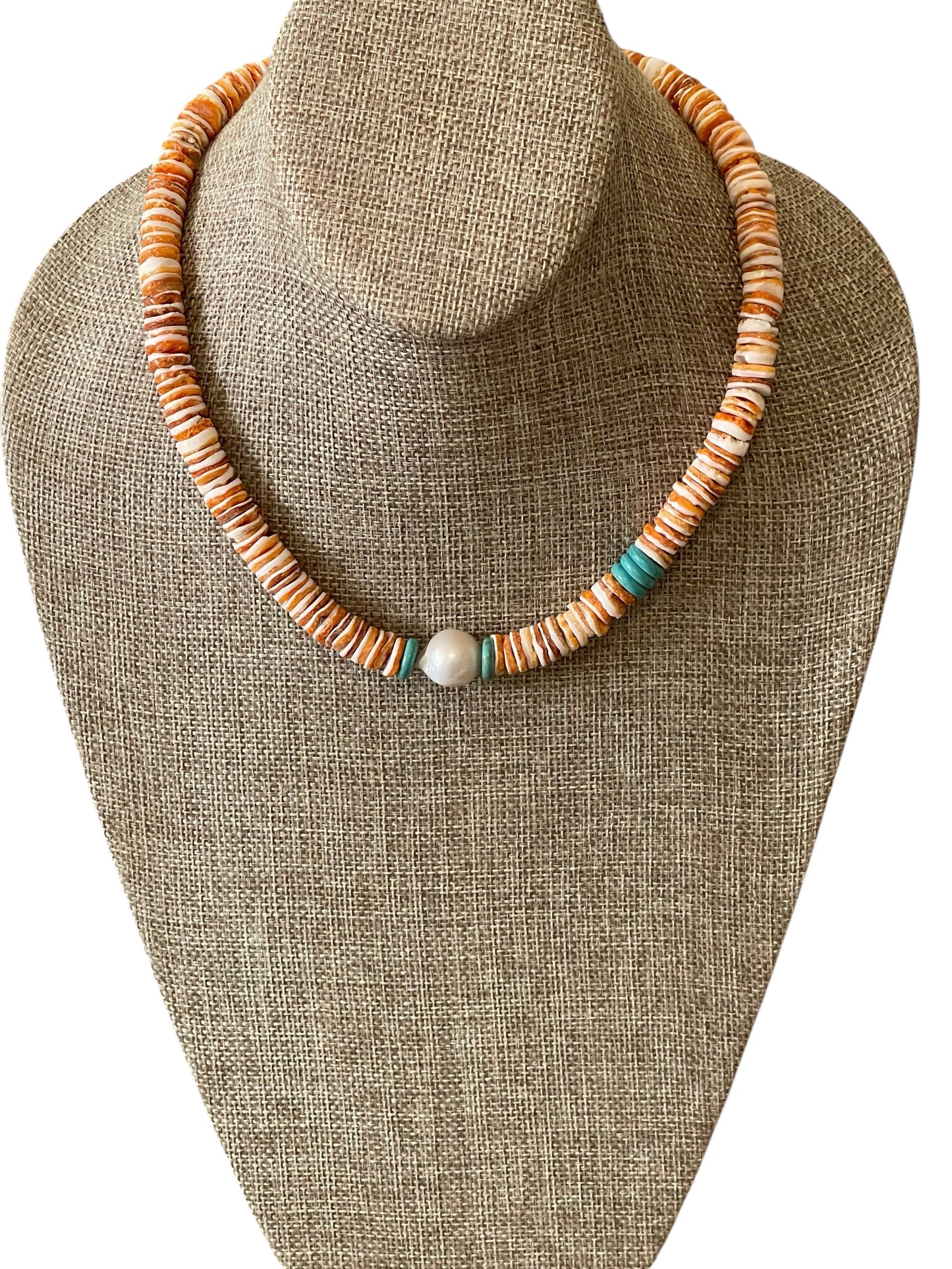 Baja Surf Necklace: Spiny Oyster Shell w Tuquoise (Howlite) and a Baroque Pearl Gold or Silver Clasp