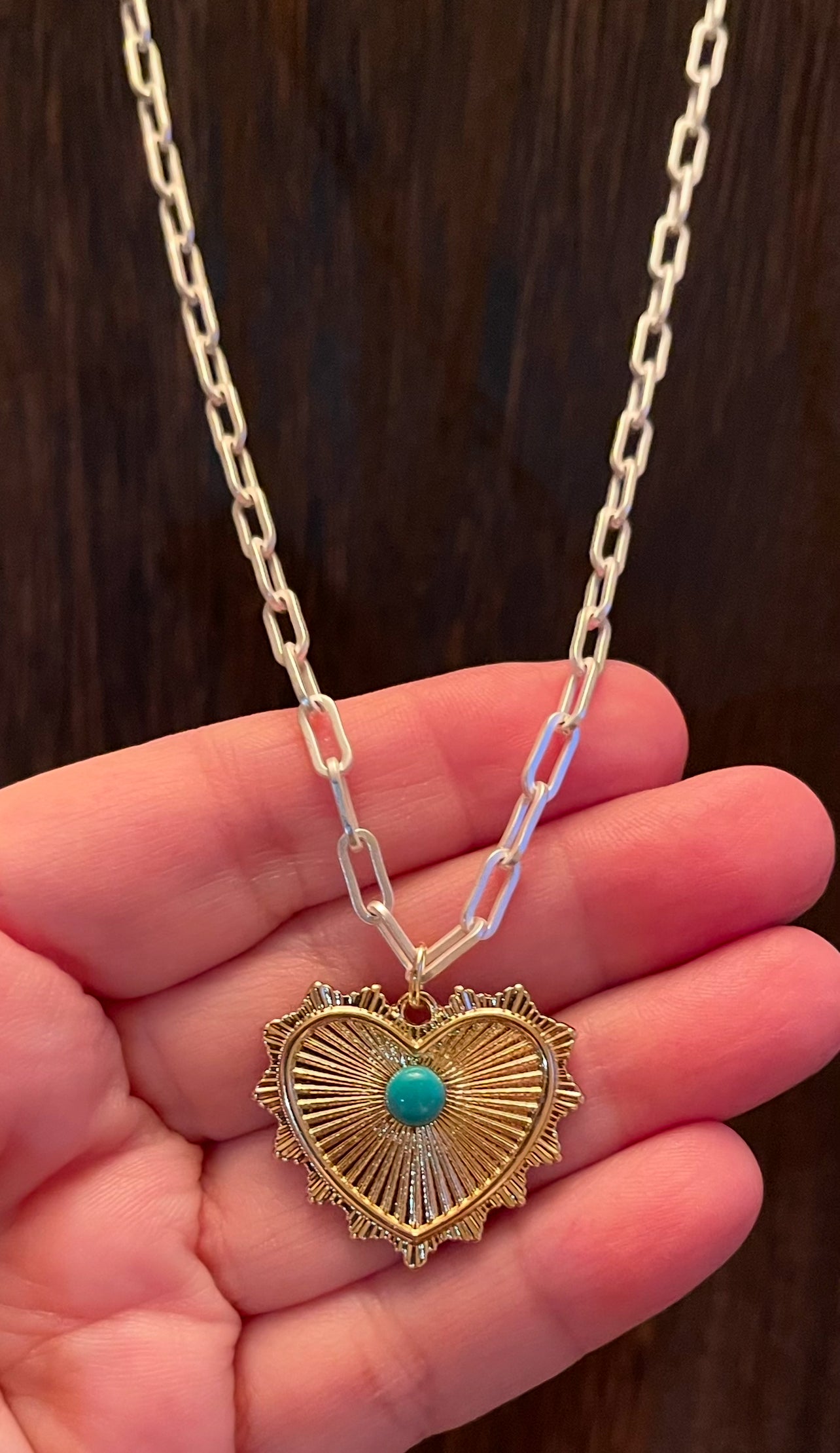 The Sonora Necklace: OOAK Bright silver Paperclip chain with a gold heart pendant sporting a genuine turquoise stone accent