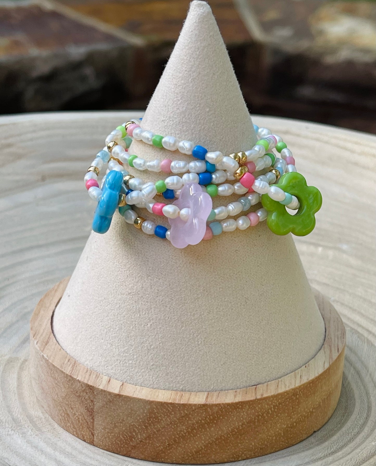 Candy Petals Bracelet Duo: Freshwater Pearls with candy colored accents 2 Stretch Bracelets Choose pink green or blue flower