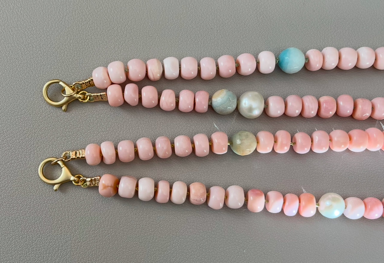 The Audrey Necklace: Natural pink opals hand knotted on pale green silk w Pearls and Amazonite