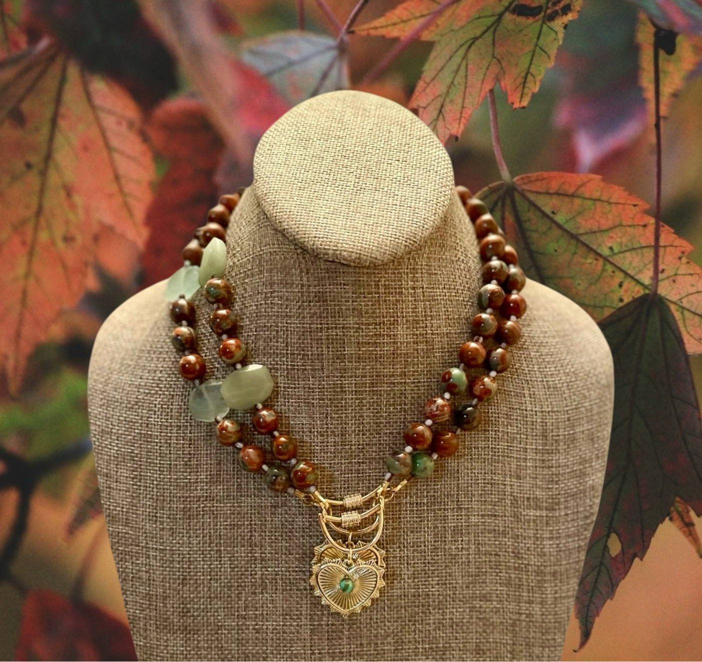 Heirloom Heart Necklace: Red Copper & Sage Agate beads with Green accent stones and a heart pendant