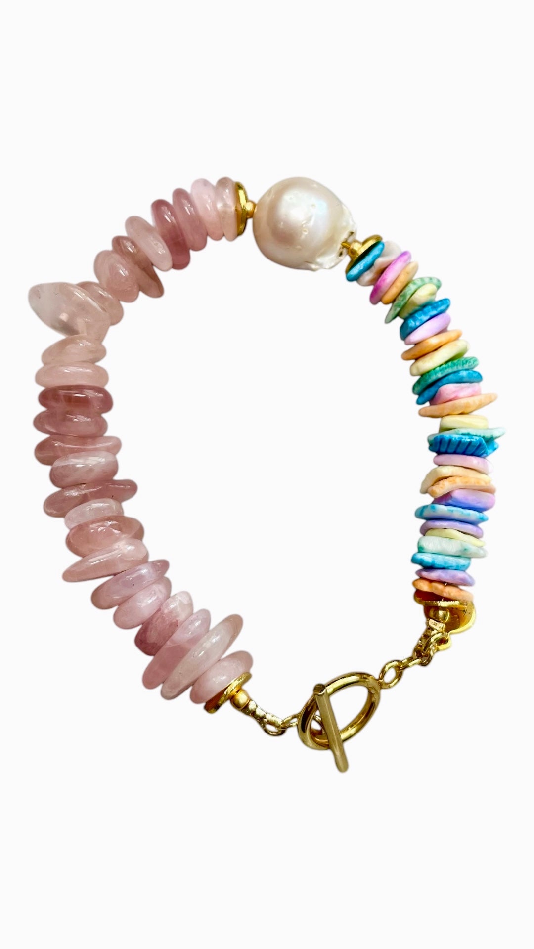 Chic Island Bracelets: Pastel dyed Puka shell, Flawless Baroque Pearl, Aquamarine OR Rose Quartz, Gold accents