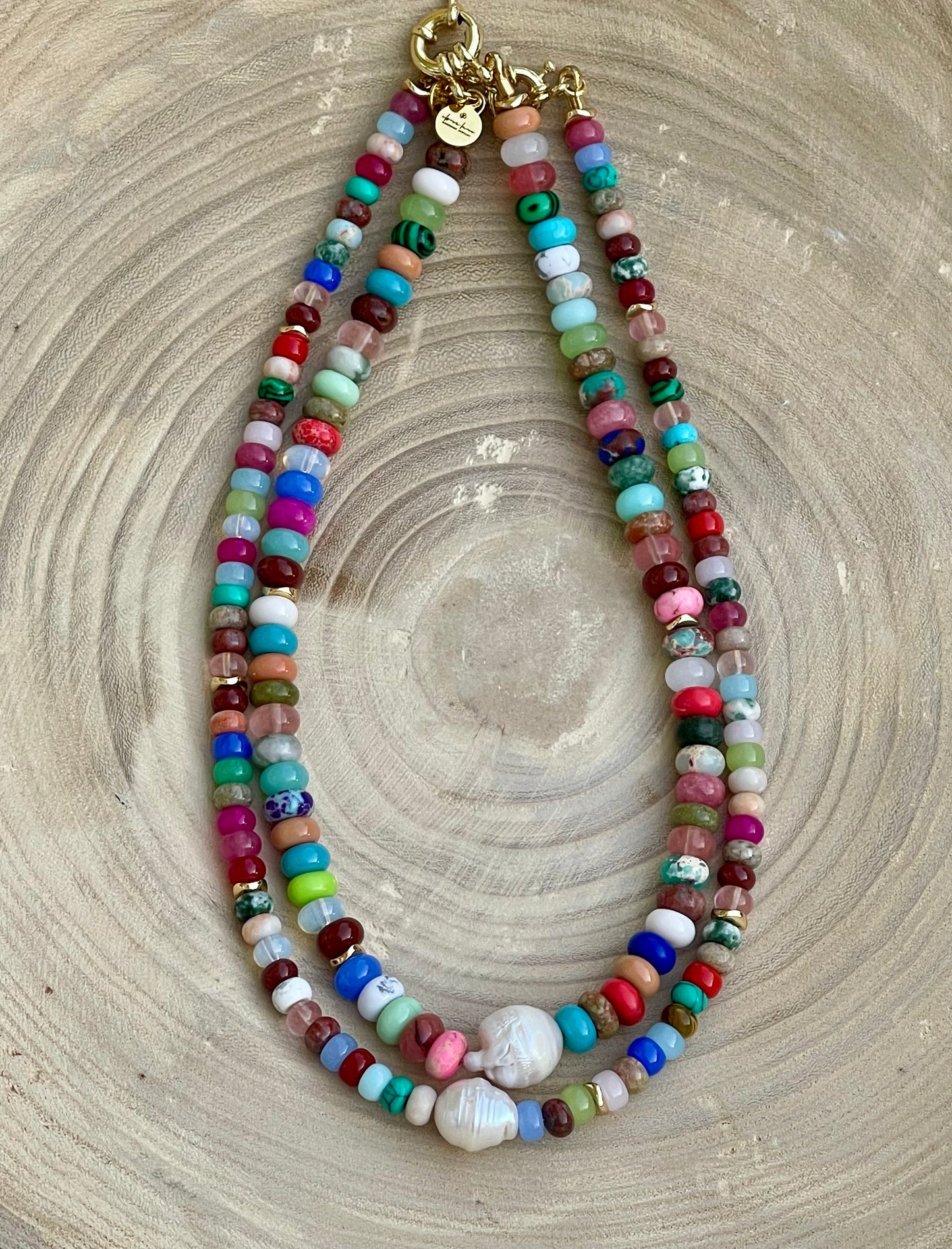 Joie Necklace: Colorful Mix of Natural Gemstones Gold Accent Beads and a Freshwater Baroque Pearl 2 Bead Size Options 6mm or 8mm