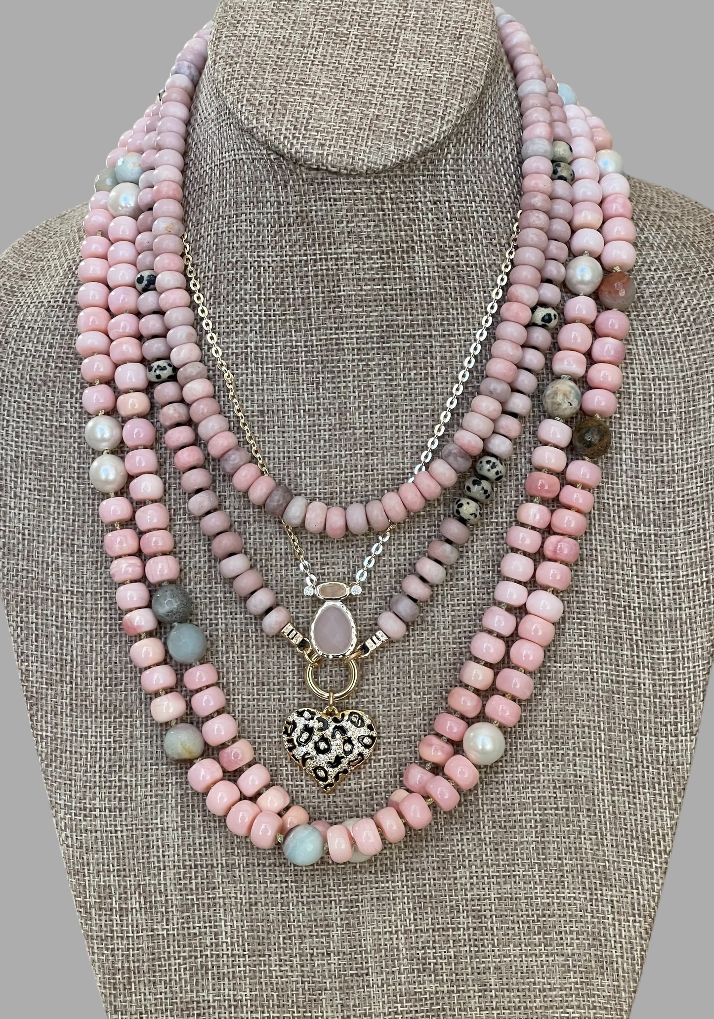 The Audrey Necklace: Natural pink opals hand knotted on pale green silk w Pearls and Amazonite