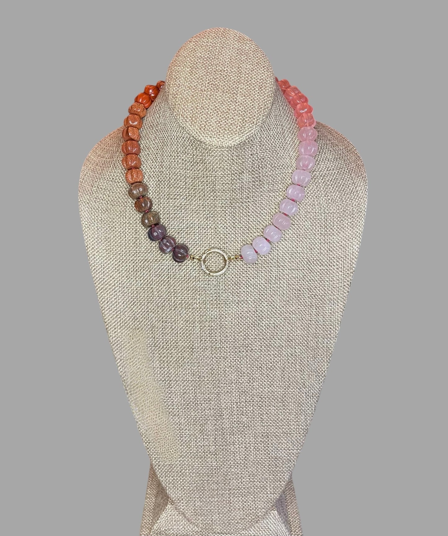 Ombré Roses Necklace OOAK: A stunning mix of hand-carved Gemstones, hand-knotted on pink silk
