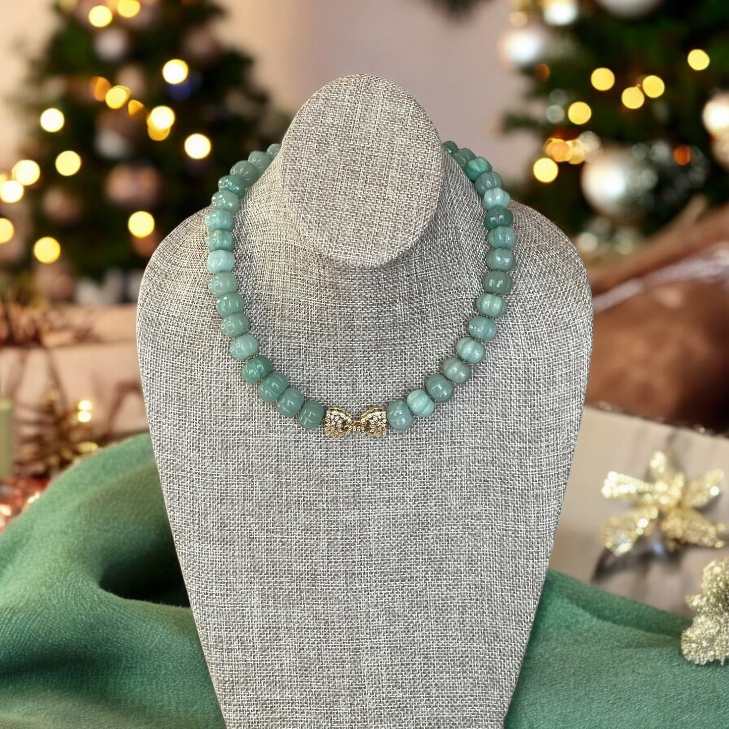 Sage Serenade Necklace OOAK: Sage green hand carved gemstones Hand-knotted on silk