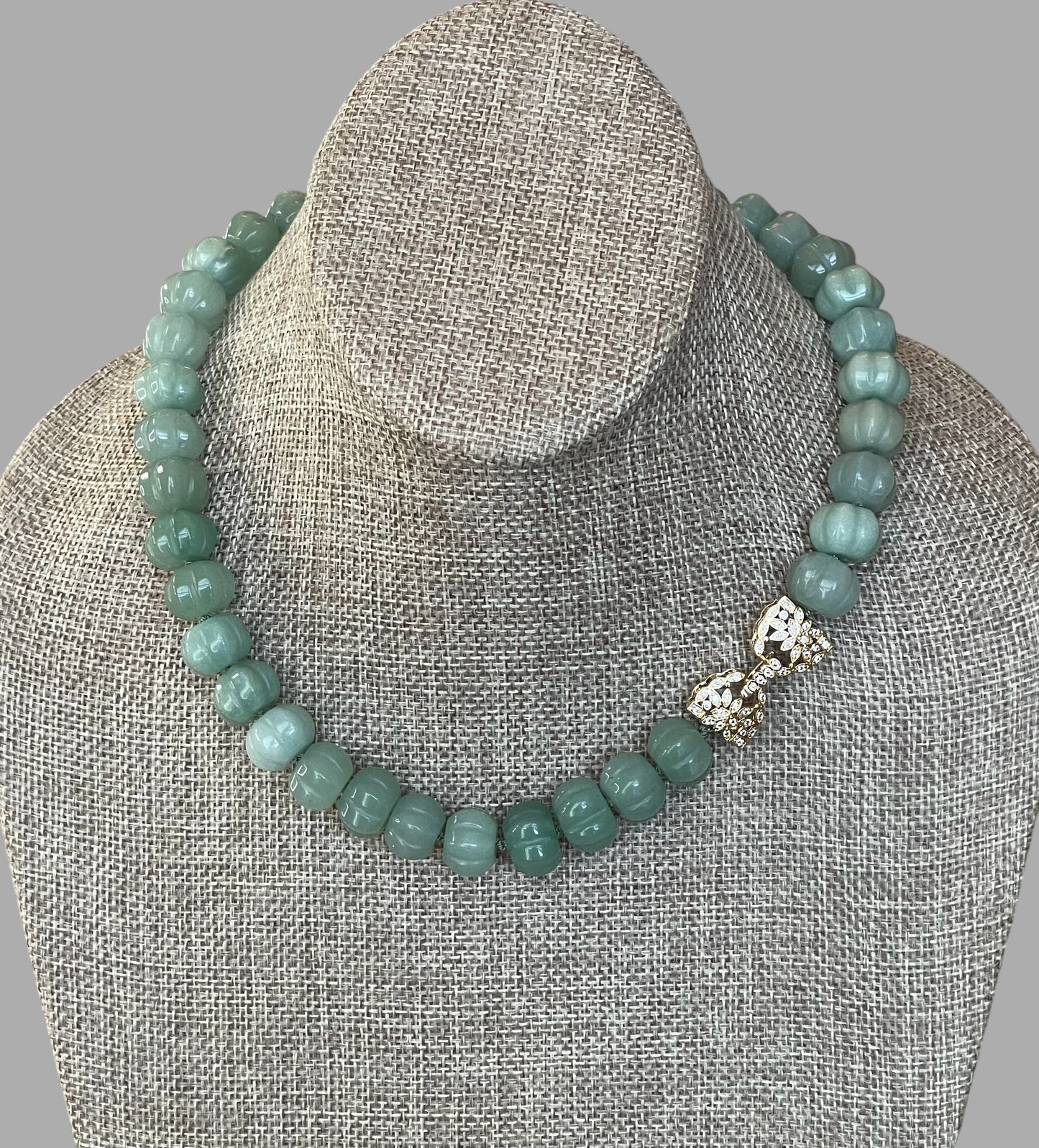 Sage Serenade Necklace OOAK: Sage green hand carved gemstones Hand-knotted on silk