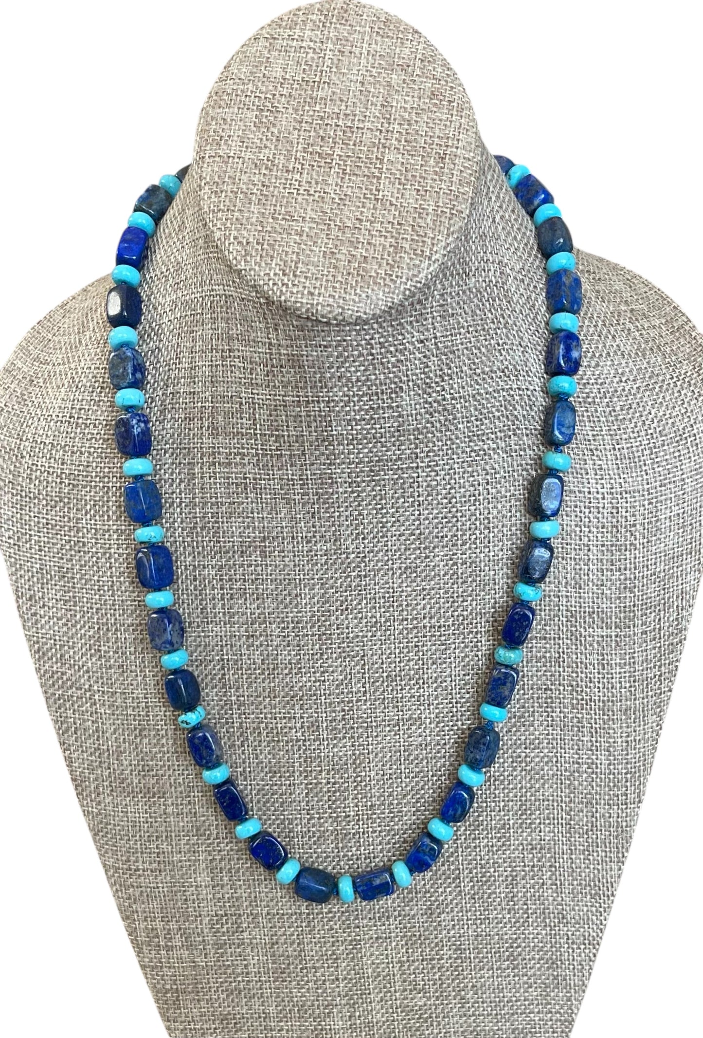 The Catherine Necklace: Gorgeous Lapis Lazuli barrel shaped beads hand knotted on silk w Turquoise accent beads Silver clasp