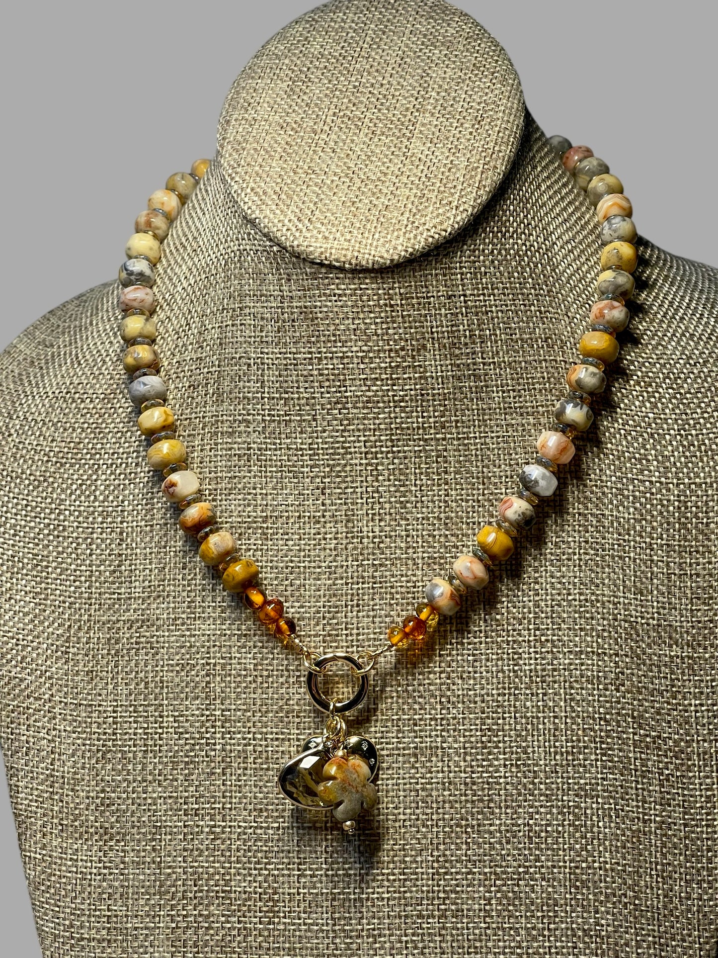Autumn’s Embrace Necklace: Crazy Lace Agate natural stones in warm tones, Accented w Czech glass, Baltic stones and Gold charms