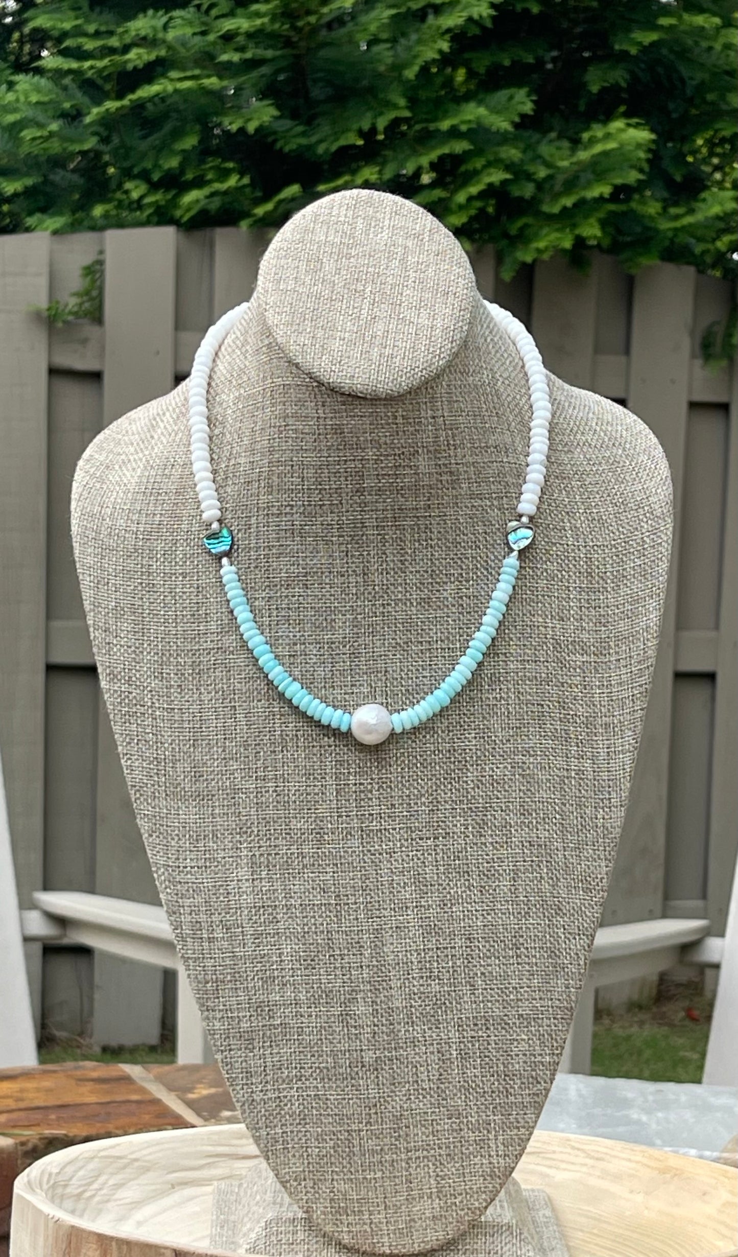 Abalone Hearts Necklace:Peruvian blue &white Opals Abalone shell 🩵 Baroque Pearl OOAK
