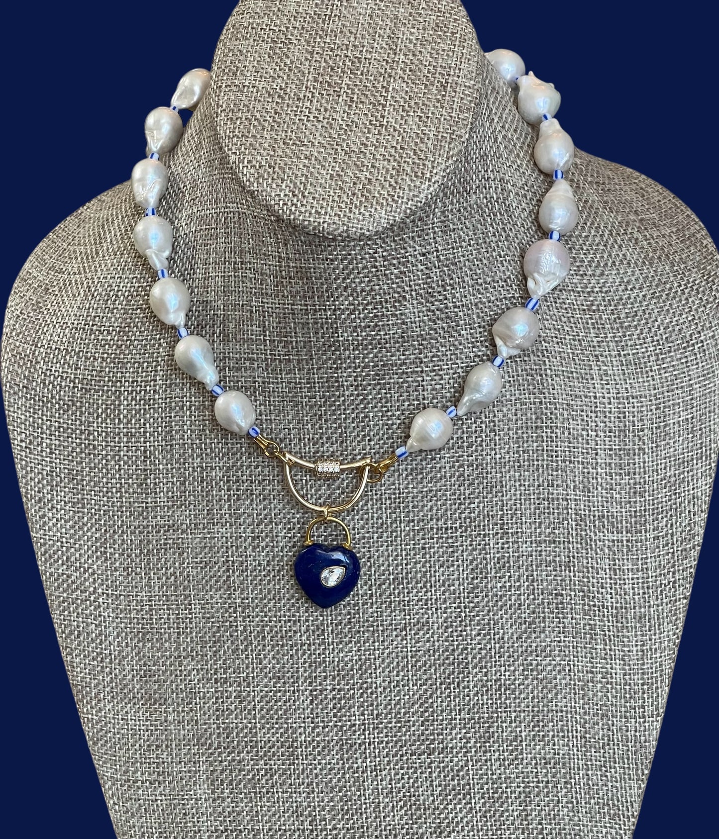 The Gabrielle Necklace: High Quality Baroque Pearls, Blue accent beads and a Lapis Lazuli Heart Pendant OOAK