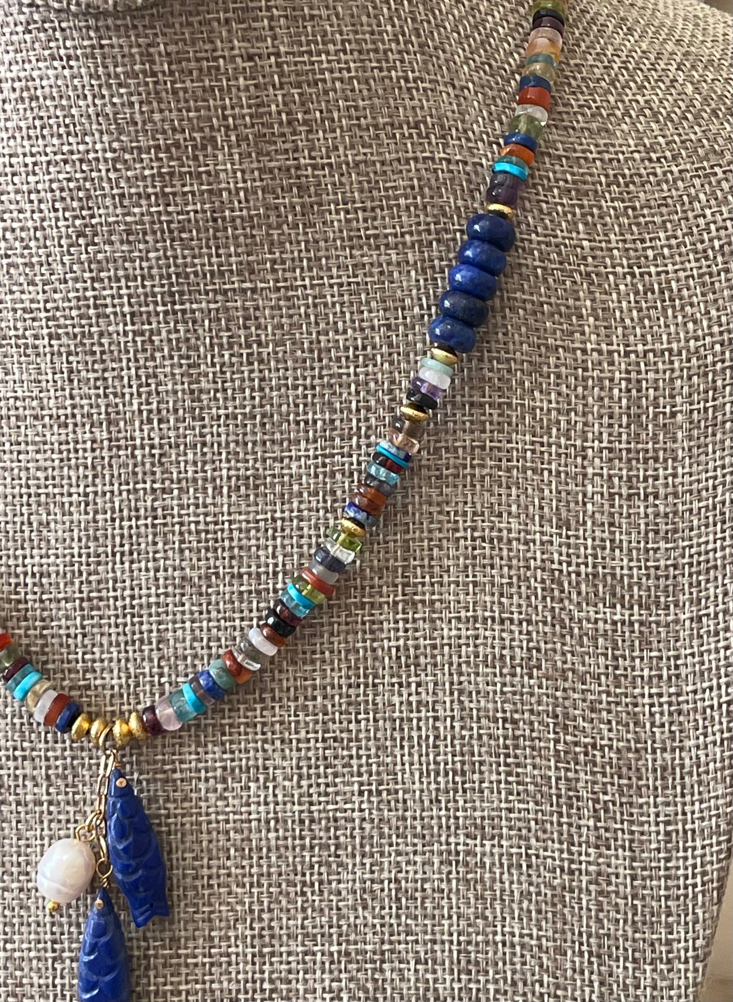 Catch O’ the Day Necklace: Mixed Multi Gemstones w Lapis & gold accents Lapis fish & Pearl Charms OOAK