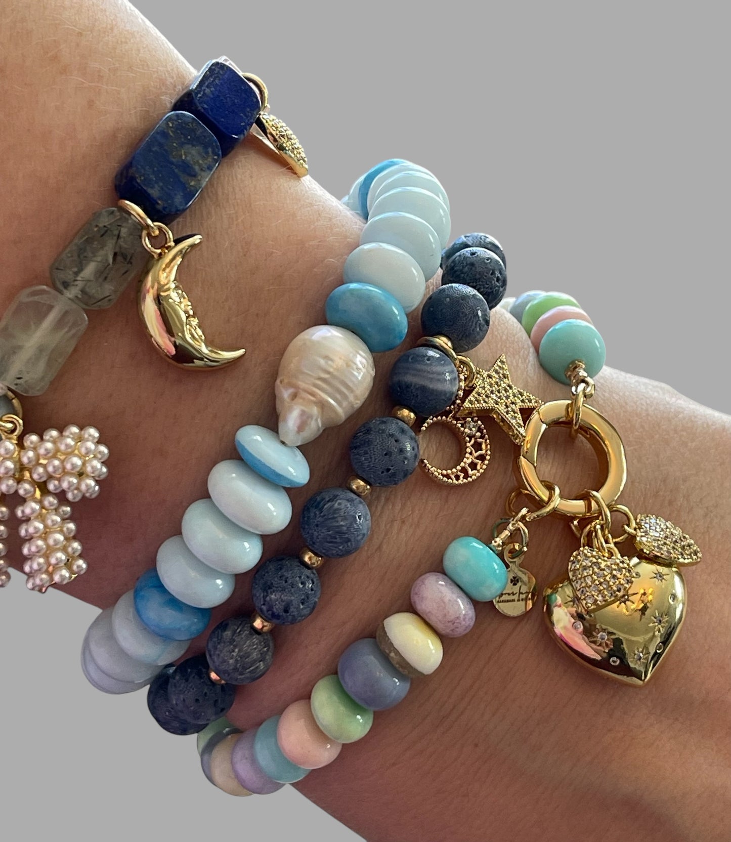 Candy Opal Hearts Bracelet: Candy colored Opals with gold CZ accent charms and gold clasp OOAK