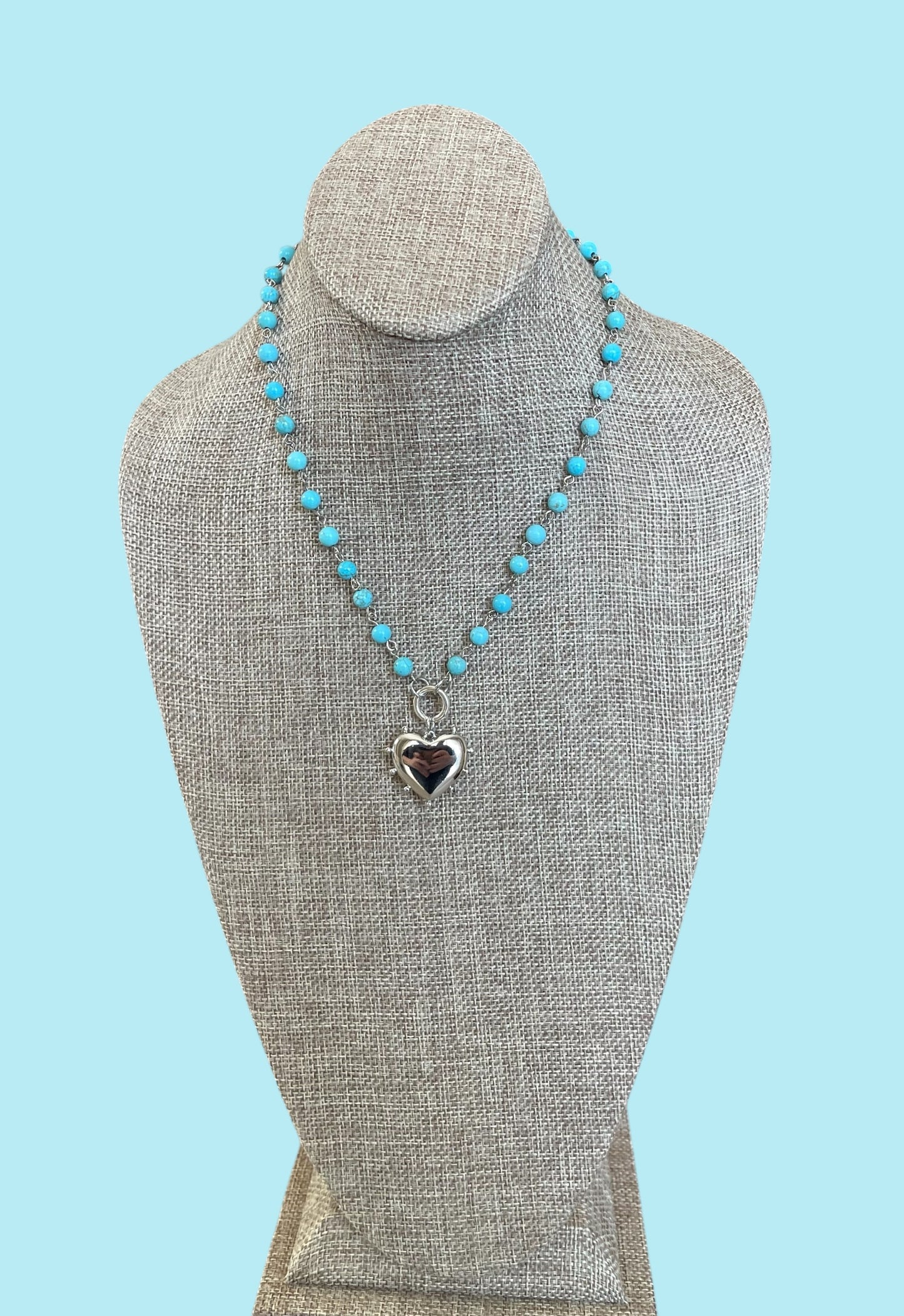 Rhodium Sky necklace: Turquoise Howlite bead rosary style chain Silver circle clasp/charm holder Rhodium silver plated heart pendant