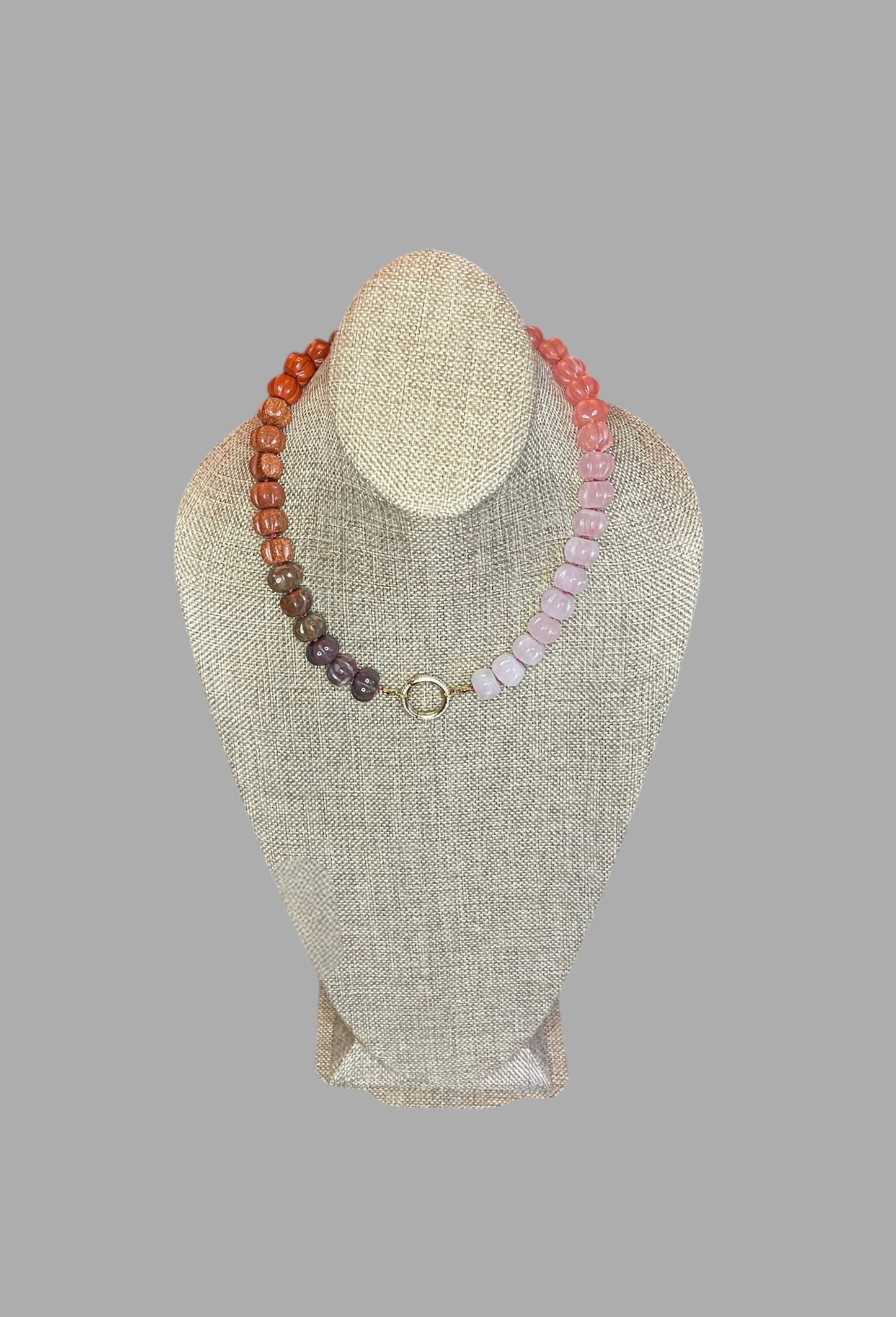 Ombré Roses Necklace OOAK: A stunning mix of hand-carved Gemstones, hand-knotted on pink silk